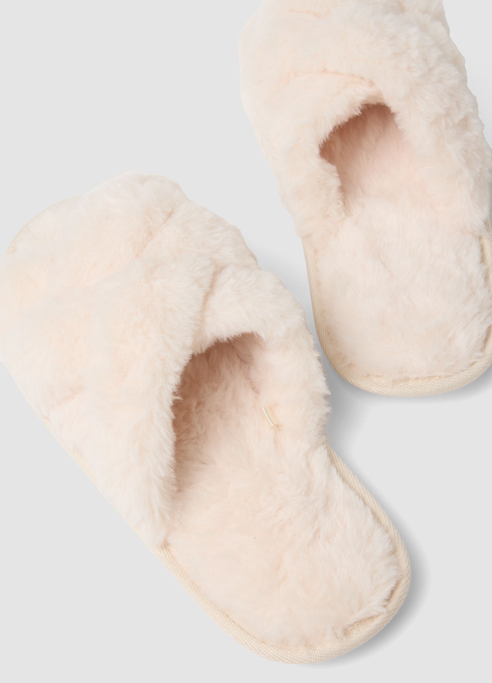 White cross-strap faux-fur slippers