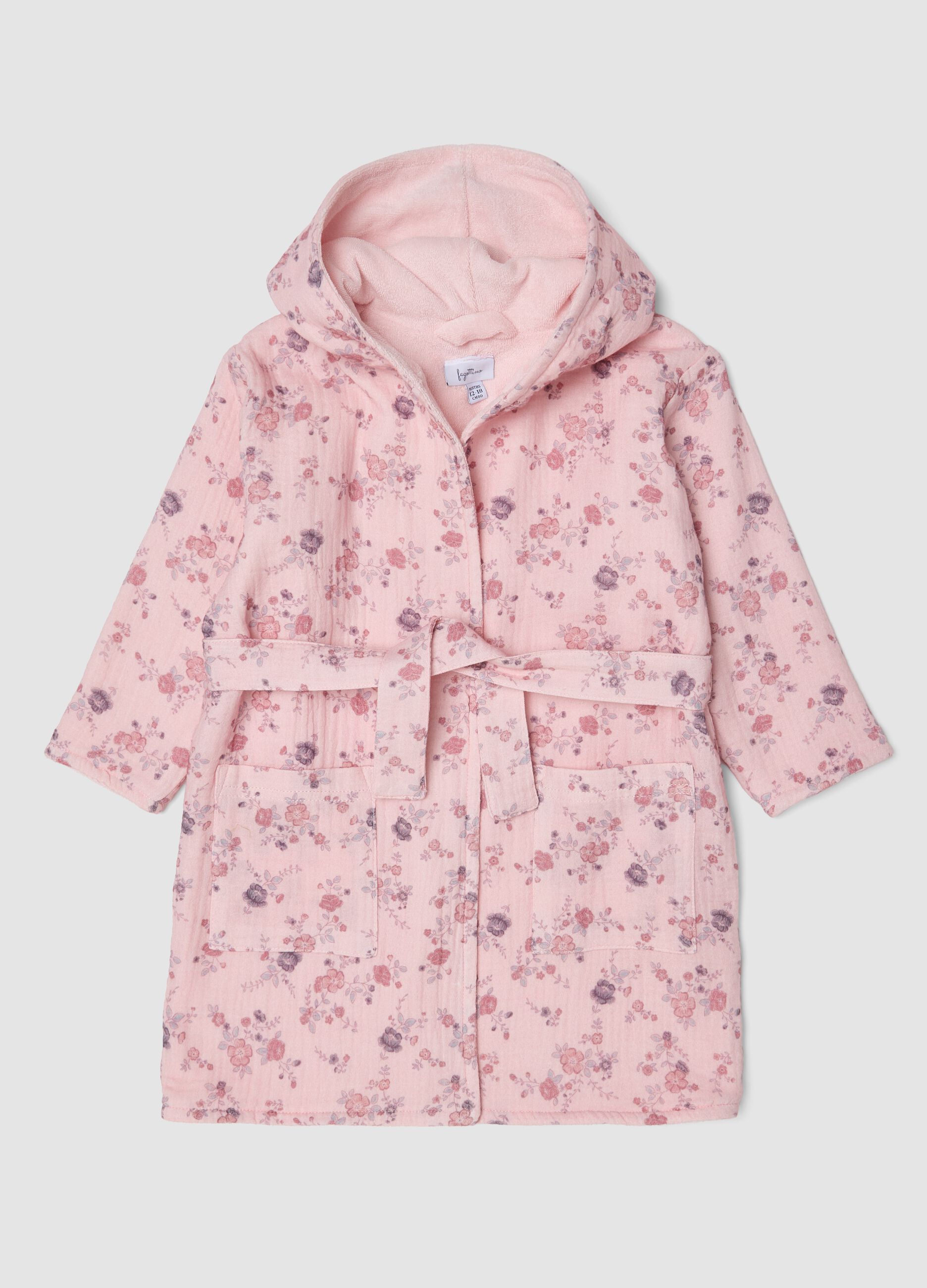Pink floral organic cotton hooded bathrobe for baby girl