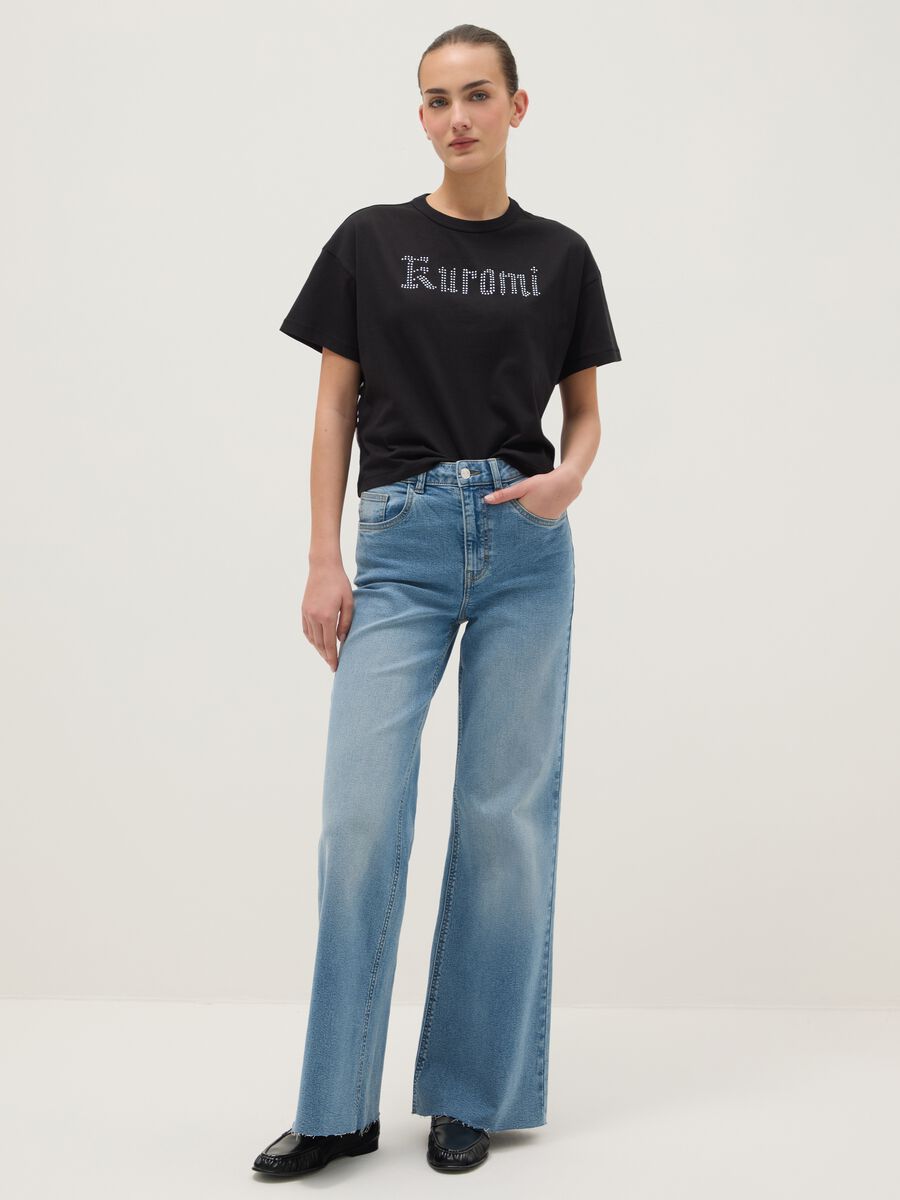 Regular fit black pure cotton T-shirt with Kuromi print and rhinestones_1
