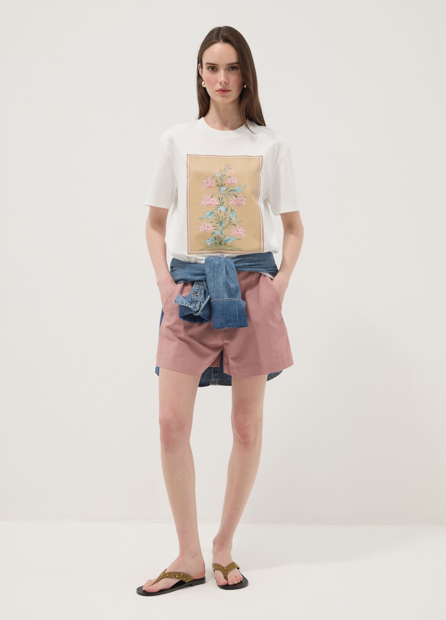 White pure cotton T-shirt with floral print