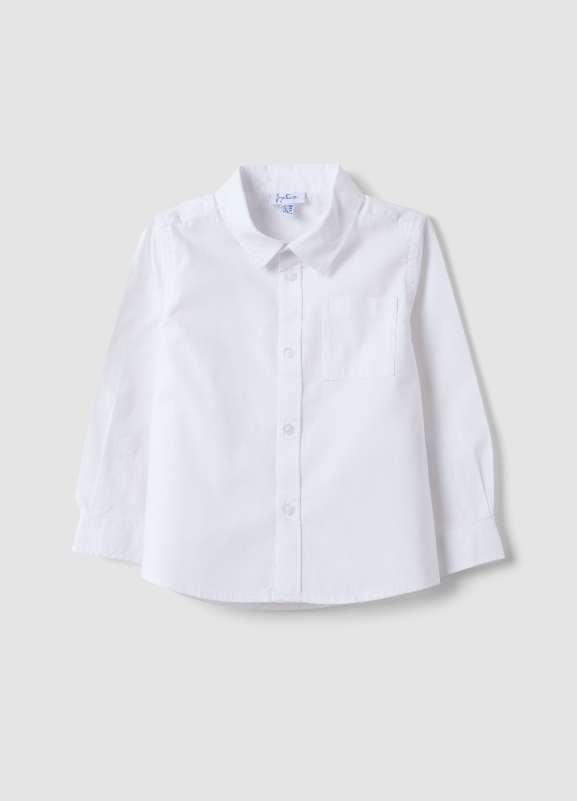 White pure cotton shirt with classic collar and chest pocket for baby boy