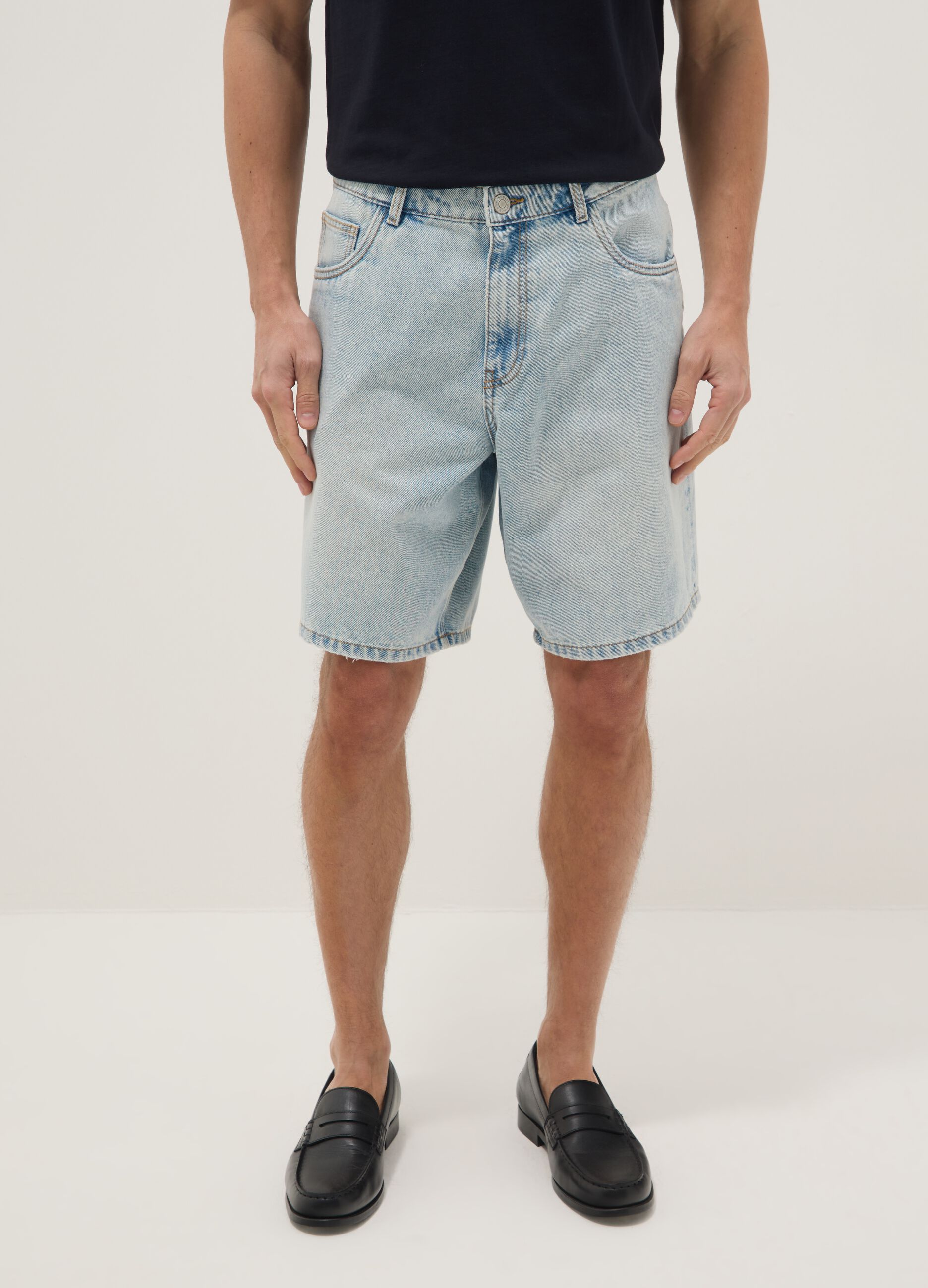 Light blue baggy-fit cotton-blend denim Bermuda shorts