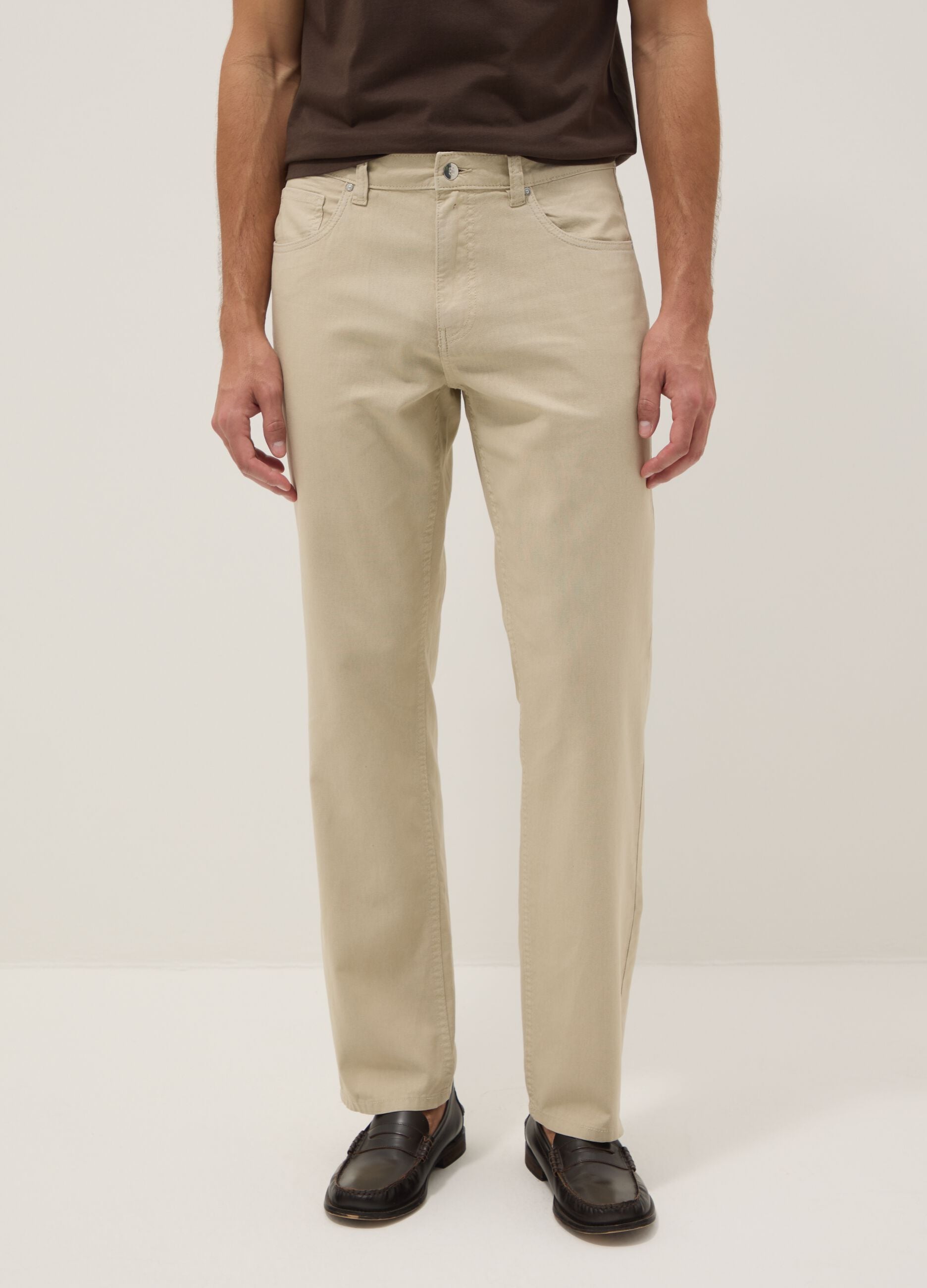 Beige casual linen-blend regular-fit trousers