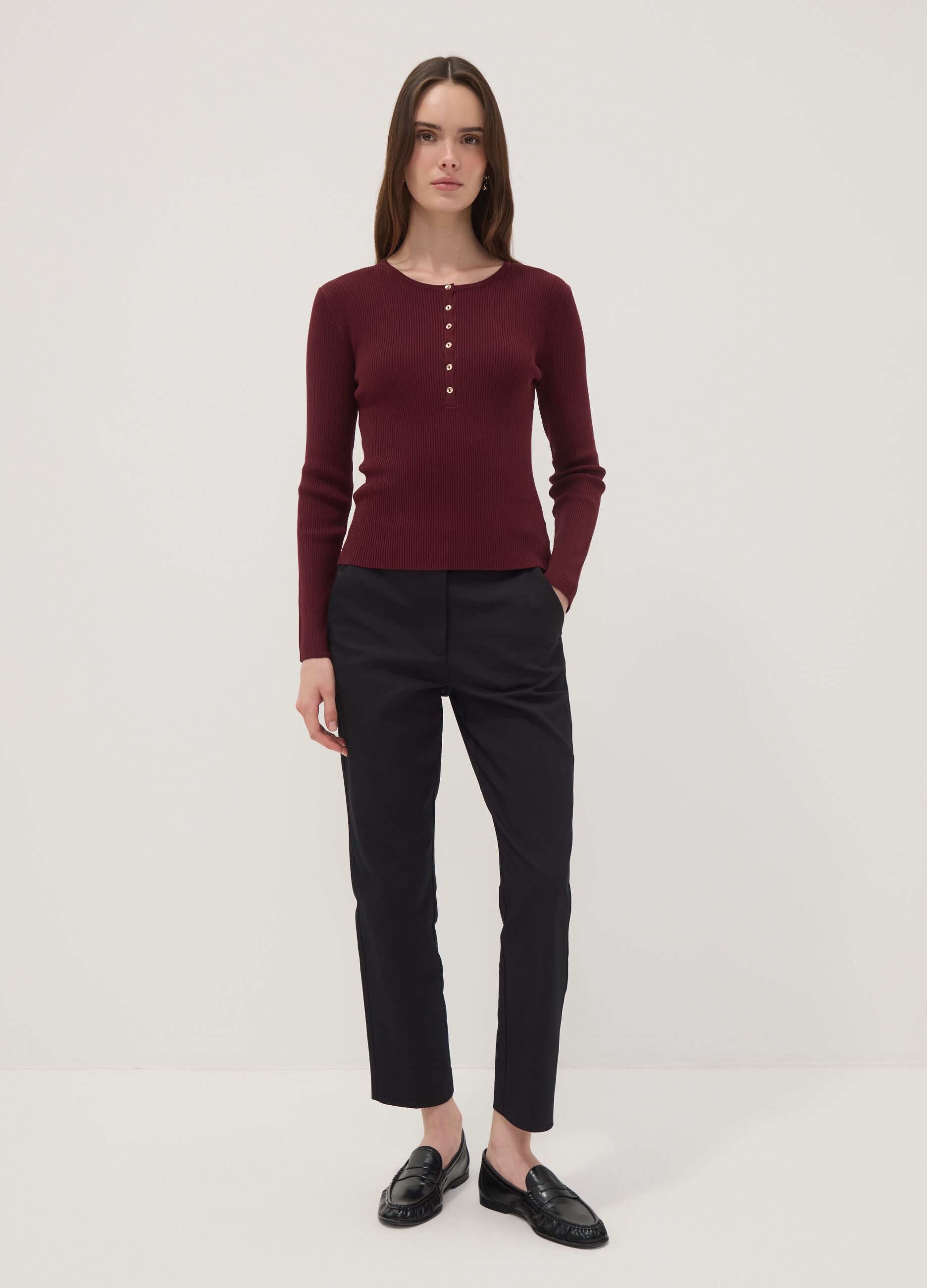 Red fitted ribbed viscose-blend top with buttons