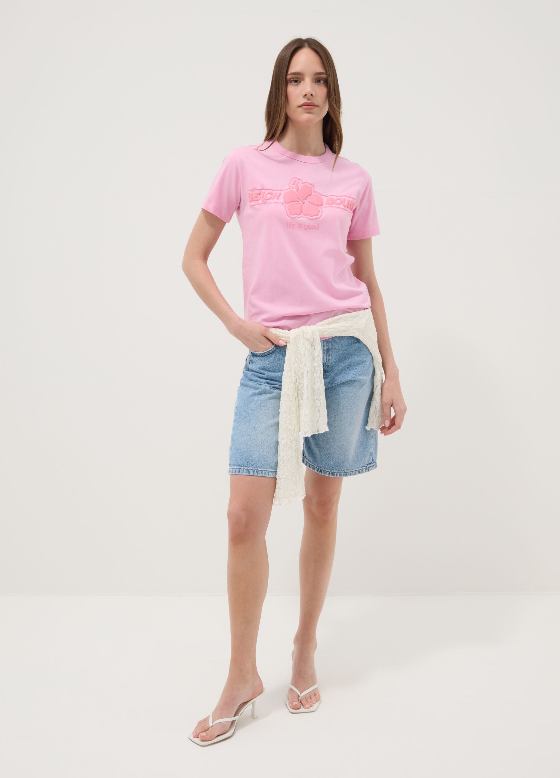 Pink pure cotton T-shirt regular fit with flower