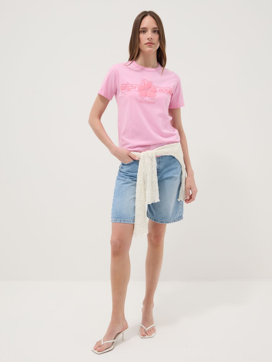 Pink pure cotton T-shirt regular fit with flower_1