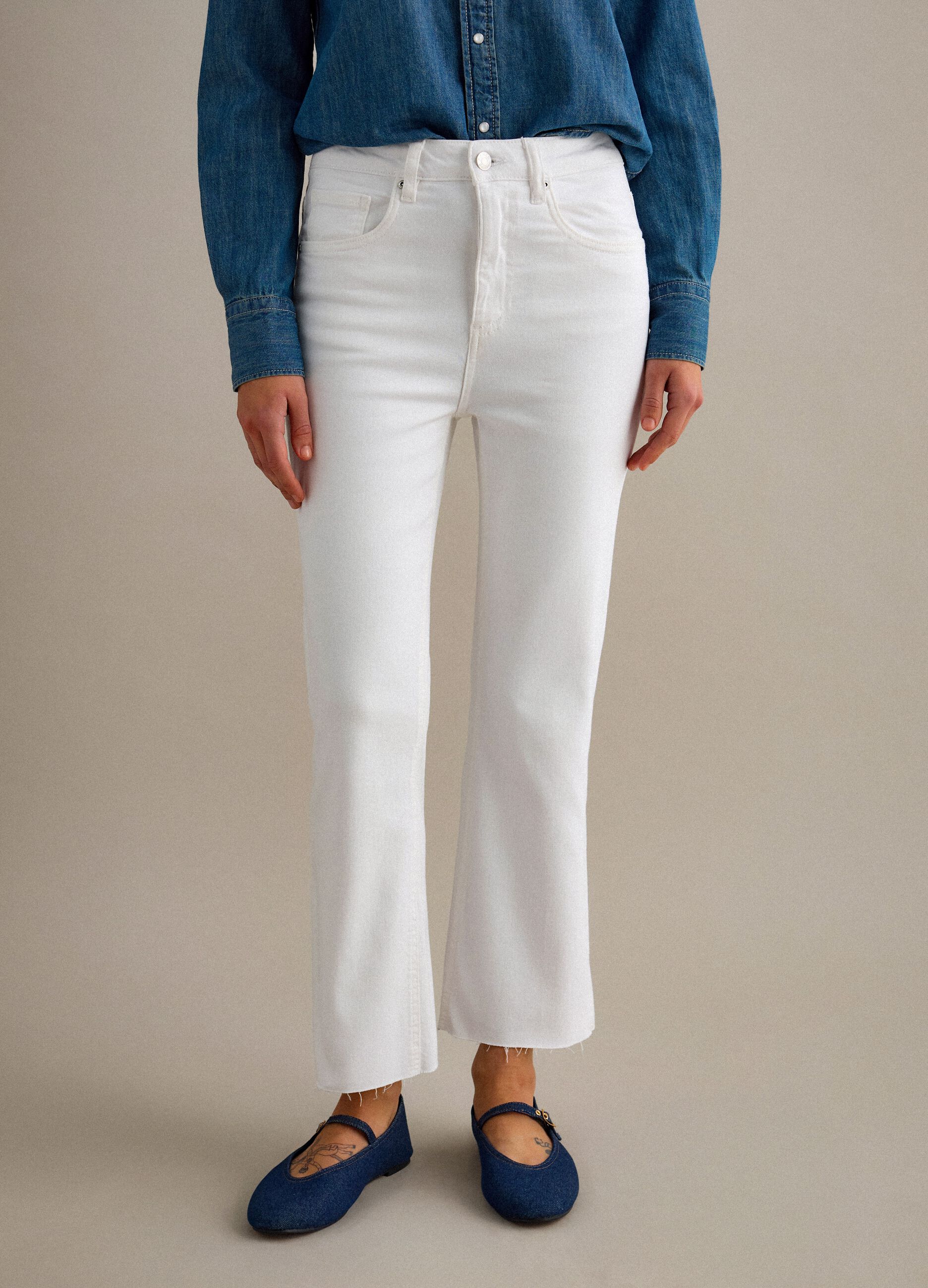 White Stretch Cotton Flare Jeans