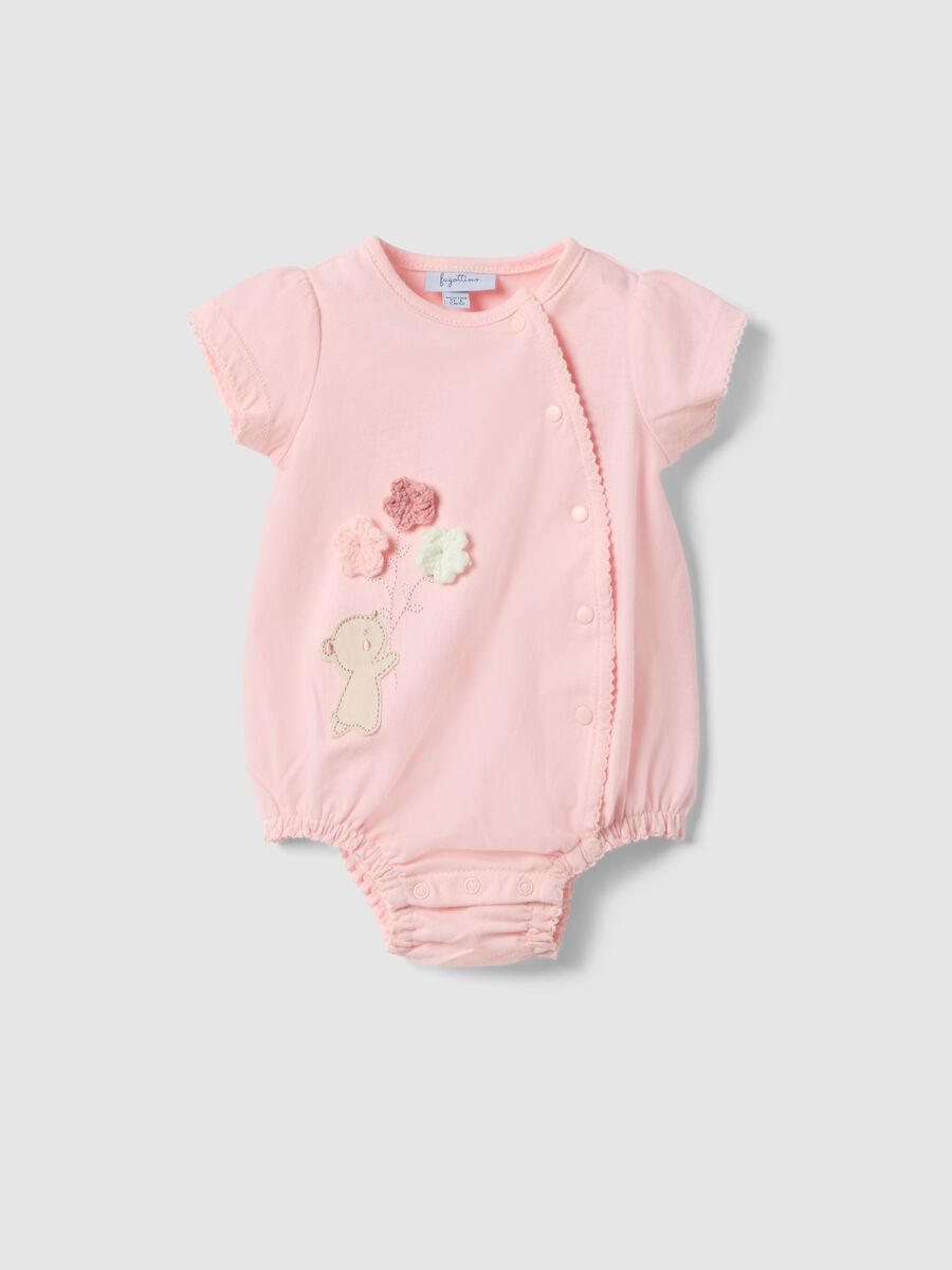 Pink baby cotton romper with snap closure and embroidery_0