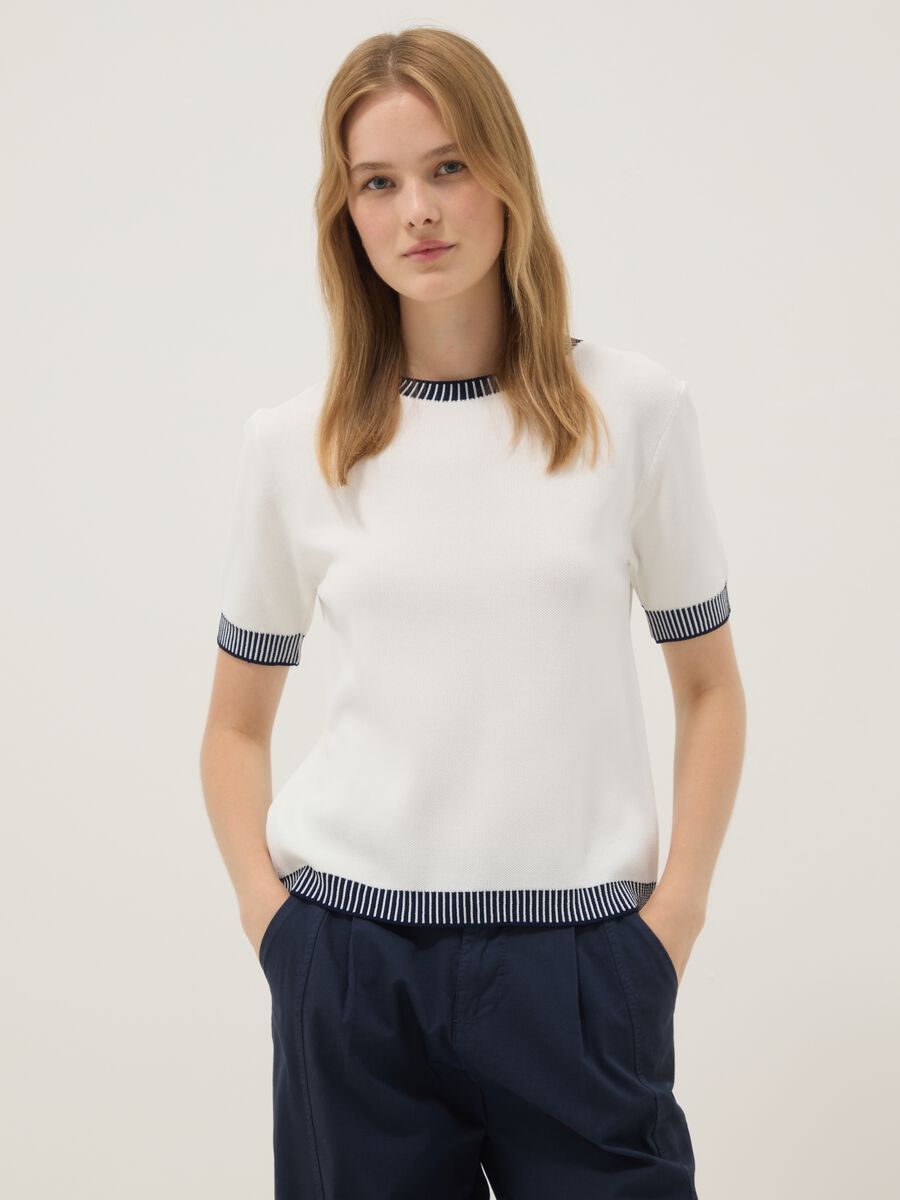 White viscose-blend T-shirt with contrast trims_0