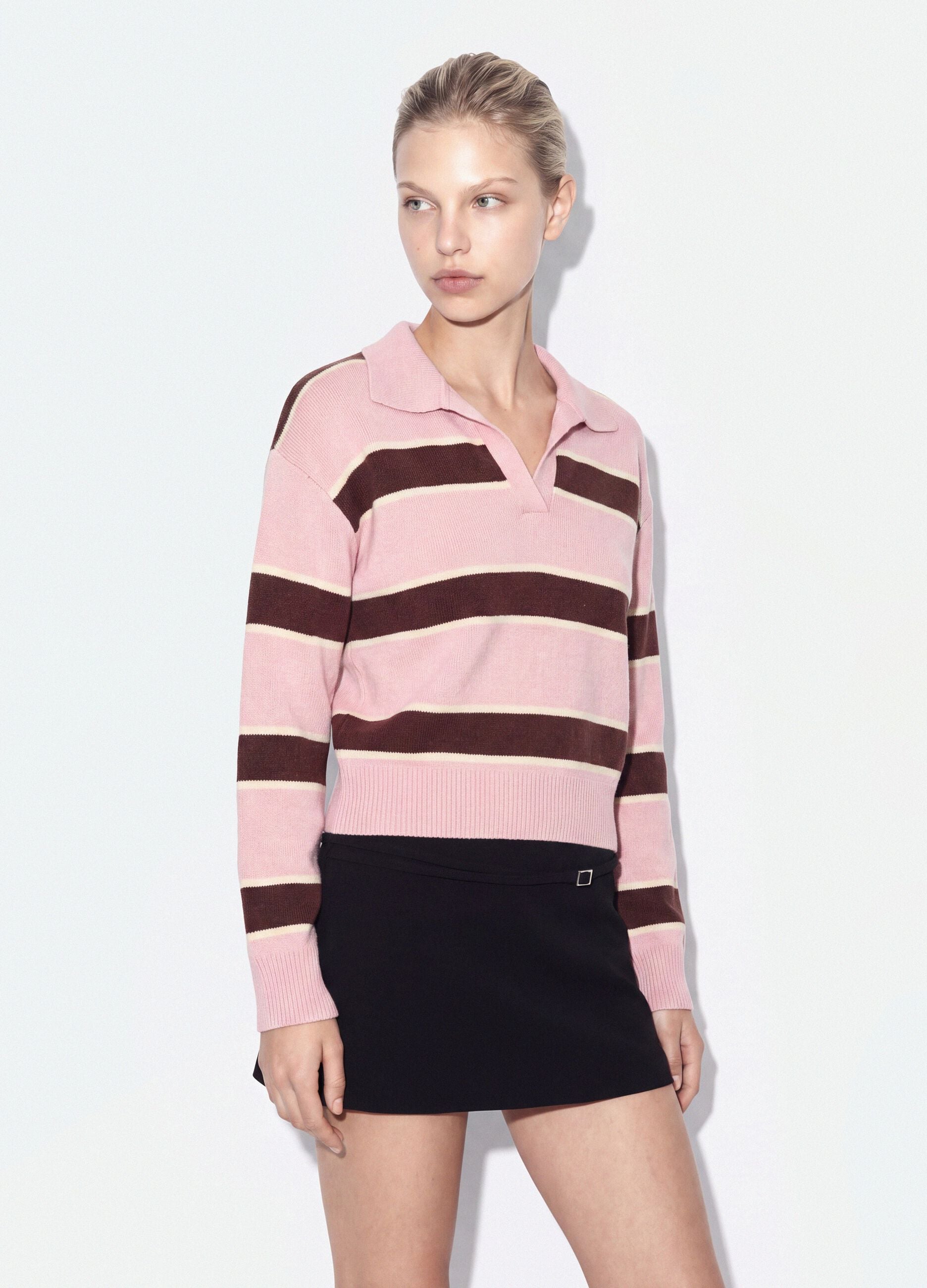 Pink striped viscose-blend polo-collar top, regular fit