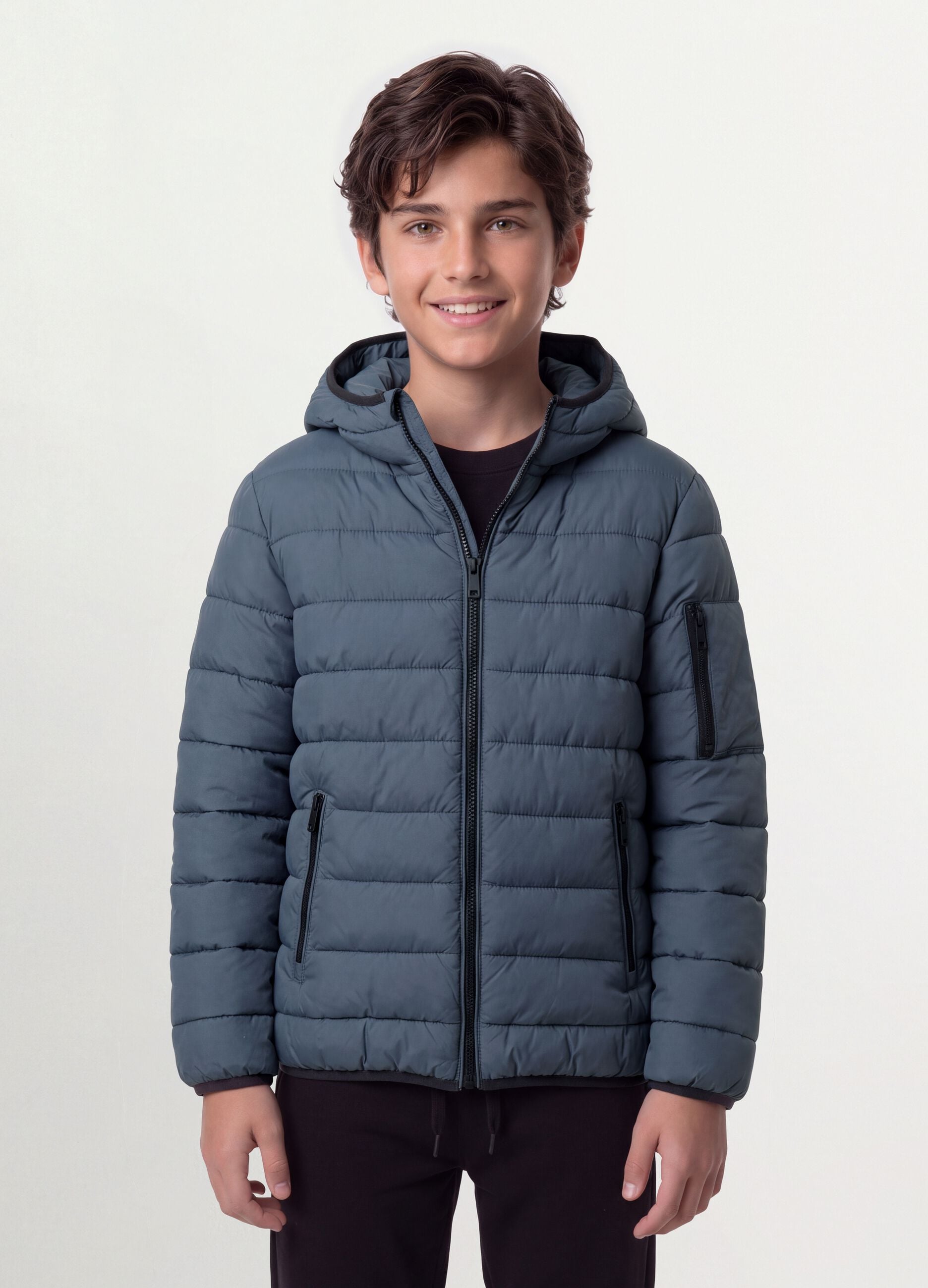 Giubbotto Ultralight grigio imbottito con cappuccio e zip per ragazzo