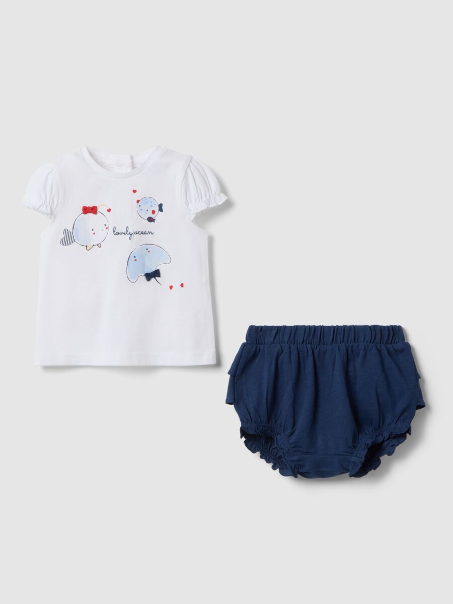 Set in puro cotone bianco e blu da neonata con volant_0