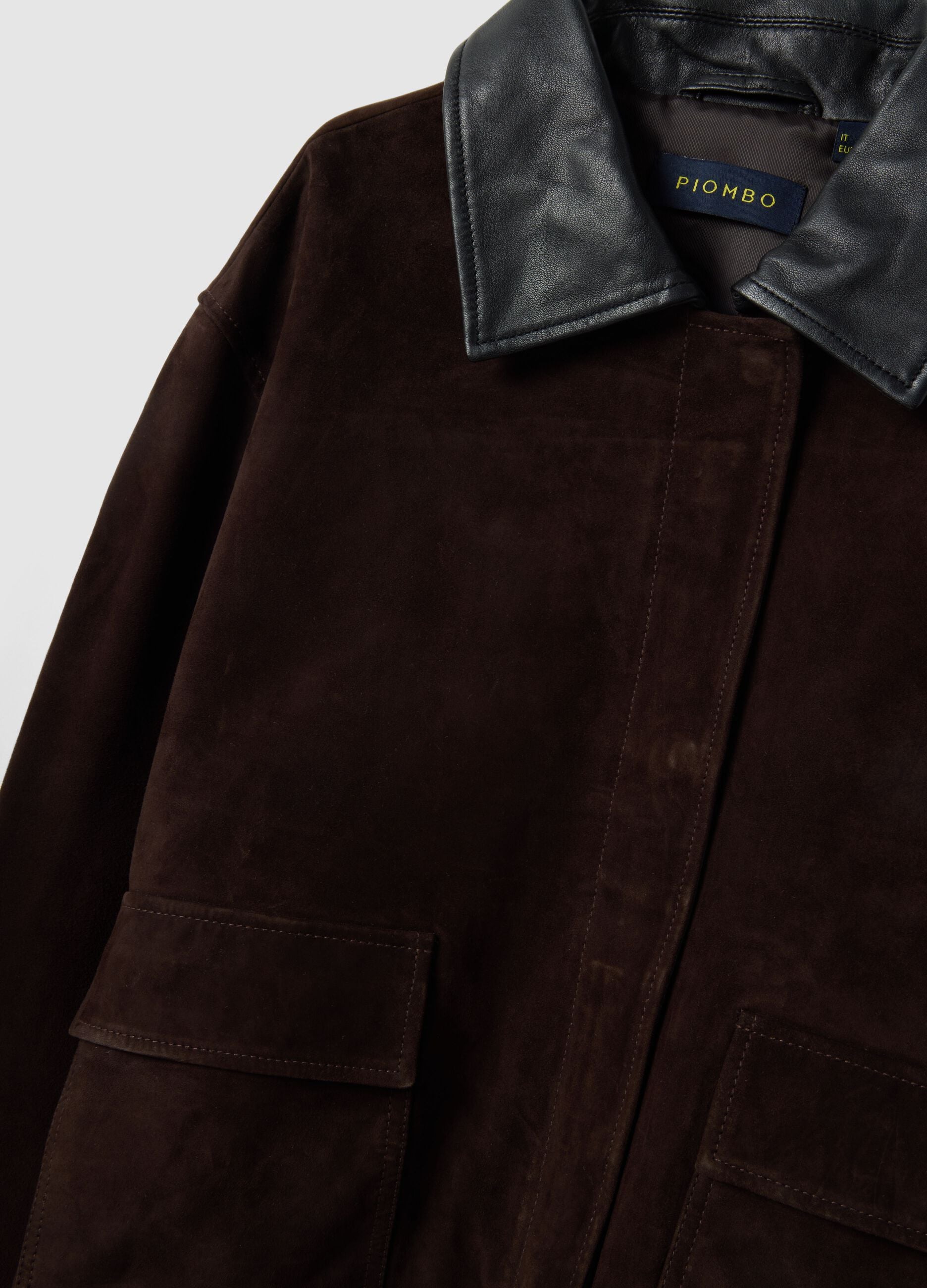 Brown regular fit genuine leather jacket with contrasting collar