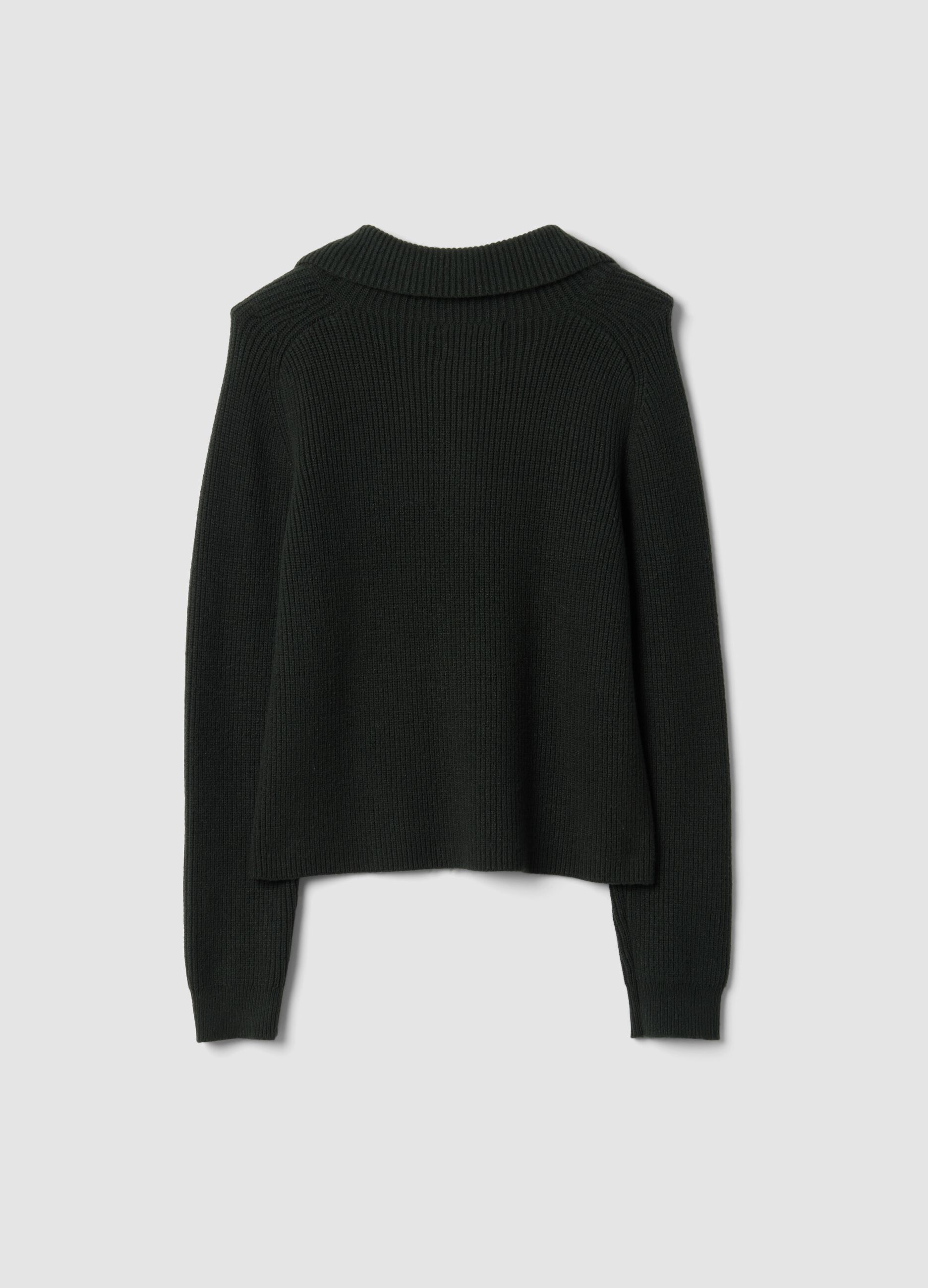 Green ribbed viscose-blend top with collar