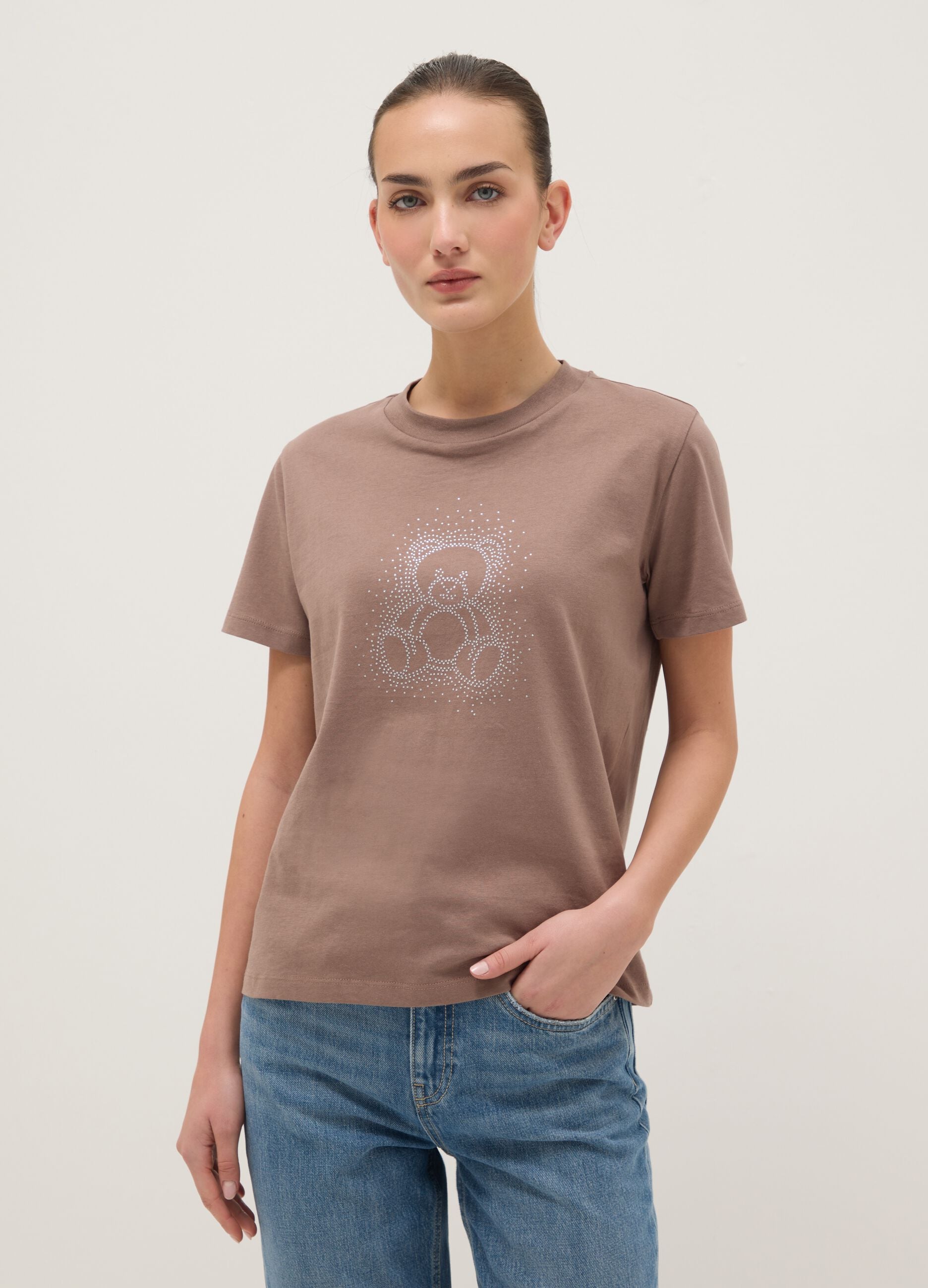 Pure cotton brown t-shirt regular fit with glittery teddy bear