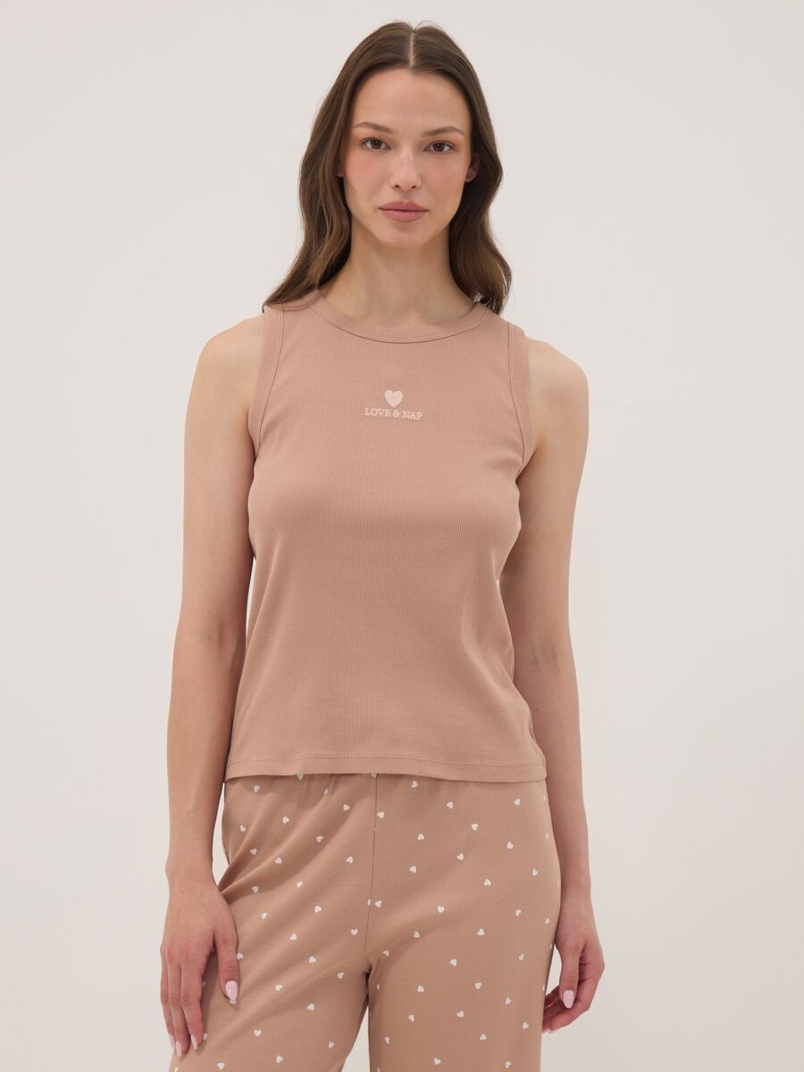 Brown pure organic cotton pyjamas with sleeveless top and printed trousers_1