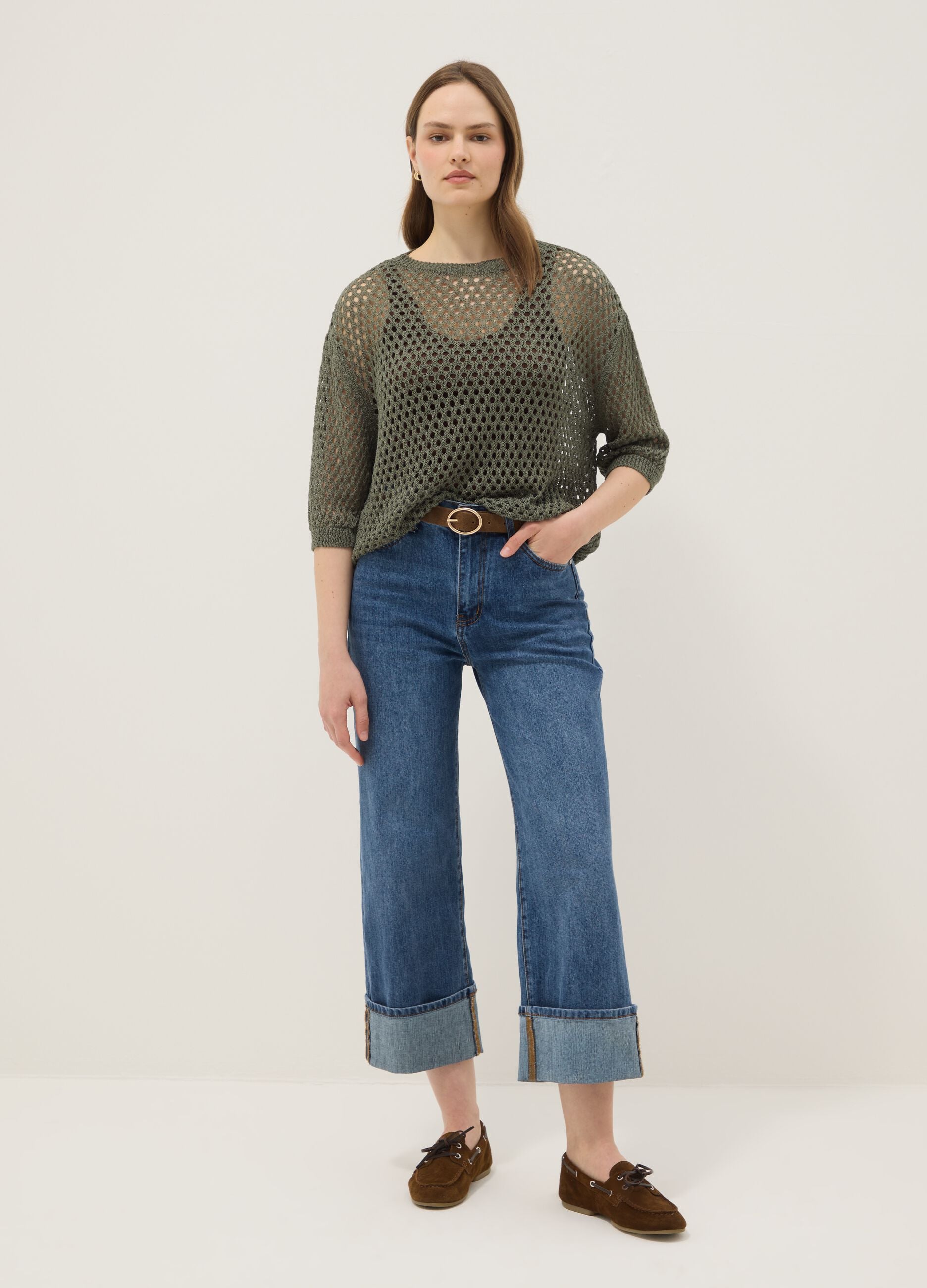 Green open-knit mesh top