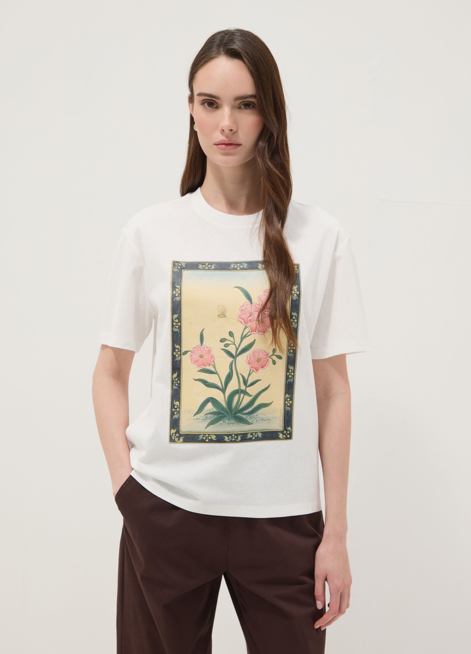White pure cotton T-shirt with floral print