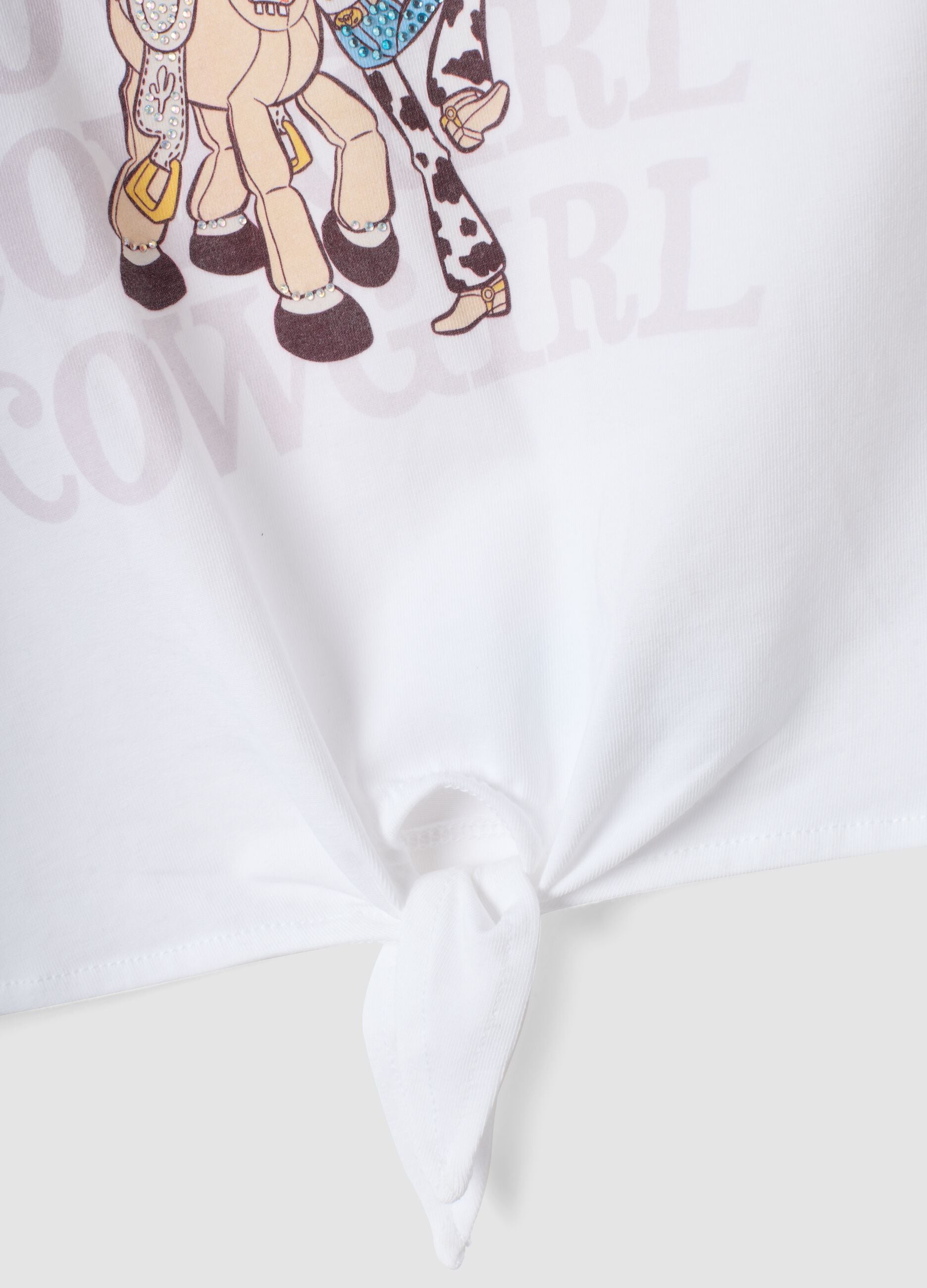 White stretch cotton T-shirt with knot and Toy Story print for girls