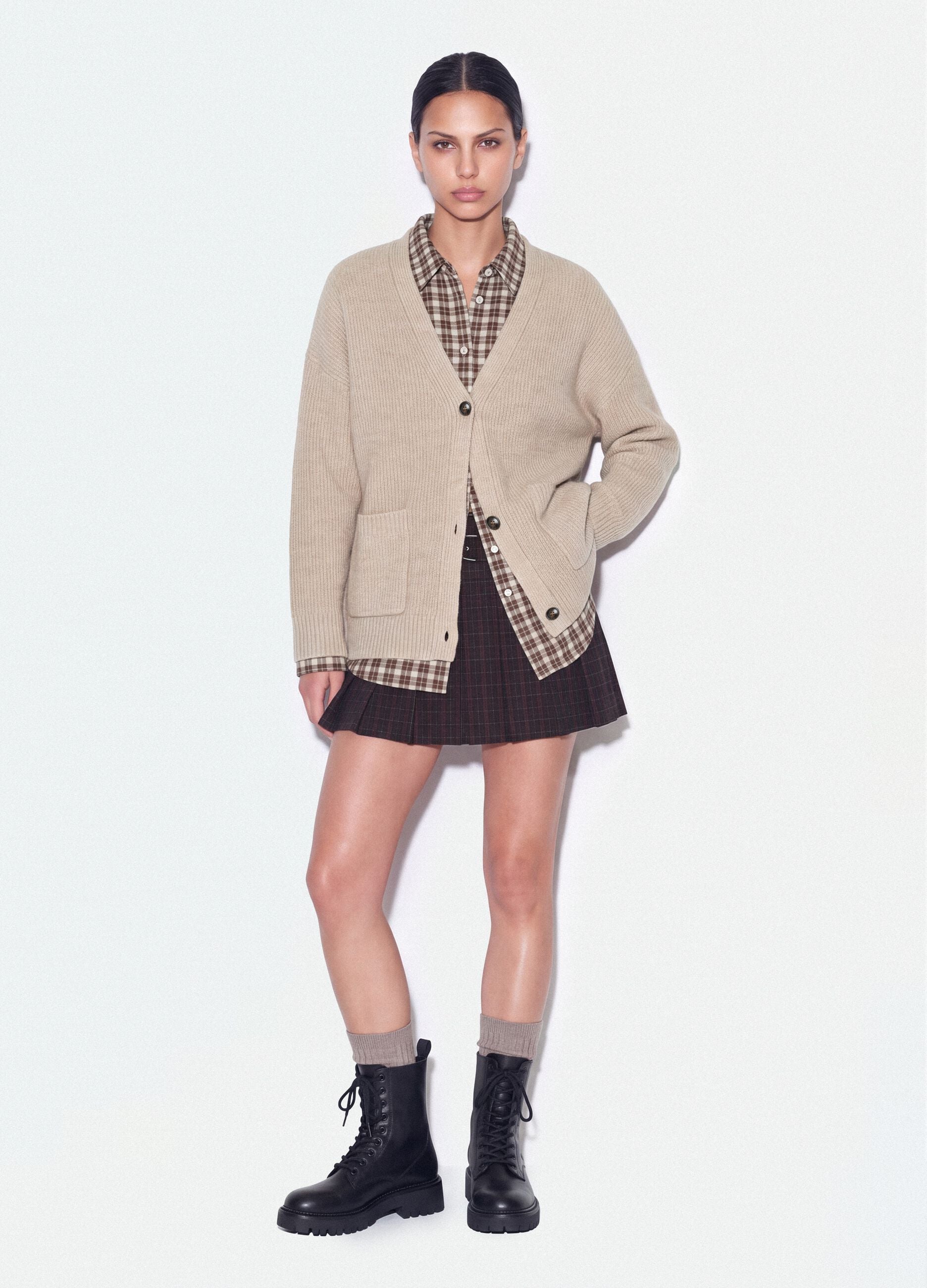 Beige stretch cardigan with deep V-neck