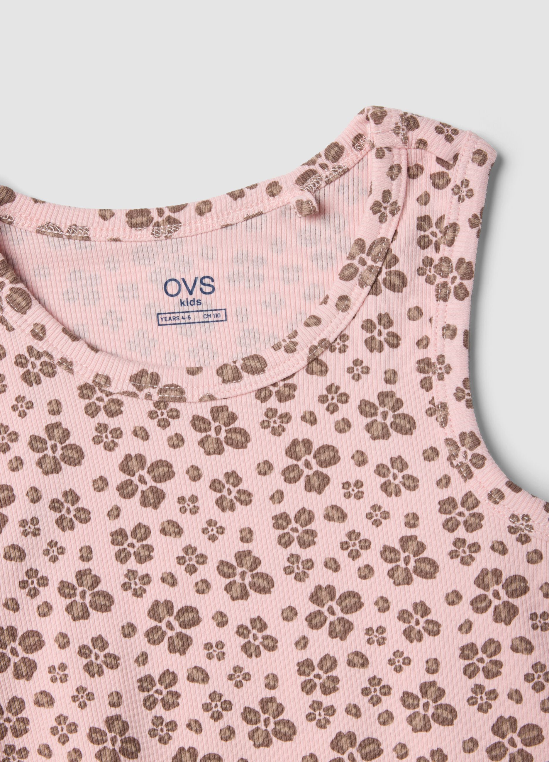 Pink ribbed stretch-cotton tank top with floral print