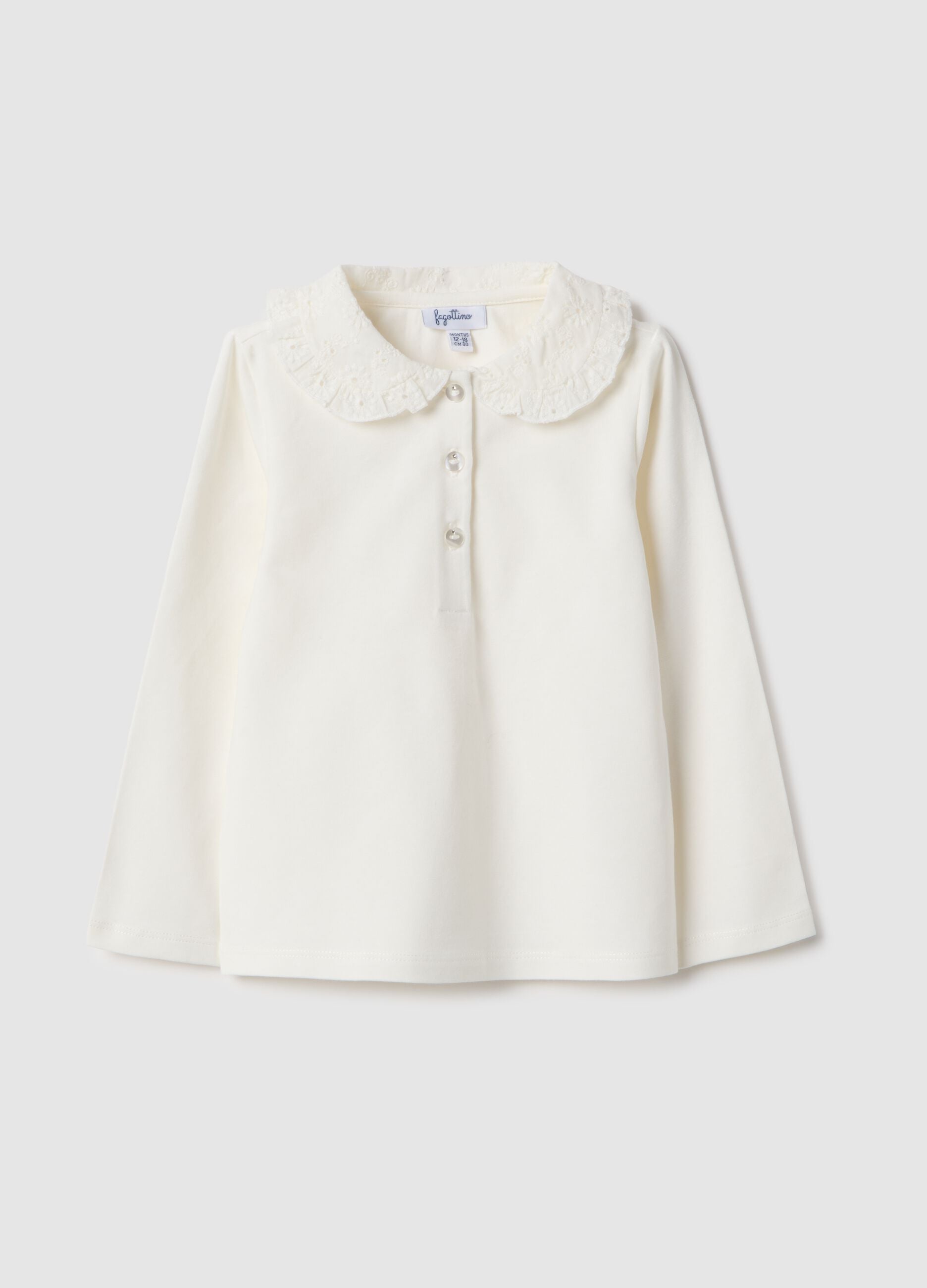 Girl's regular fit white cotton blend polo with lace collar