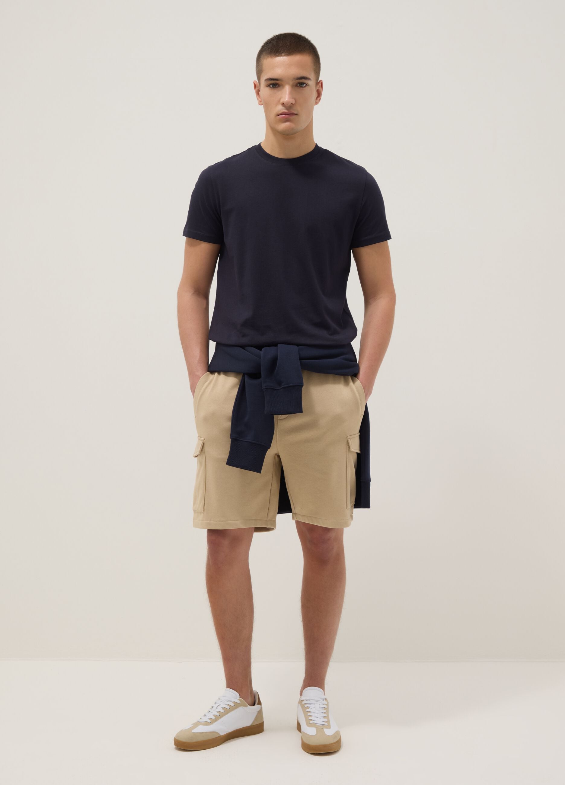 Beige cotton-blend cargo pocket Bermuda shorts, relaxed fit