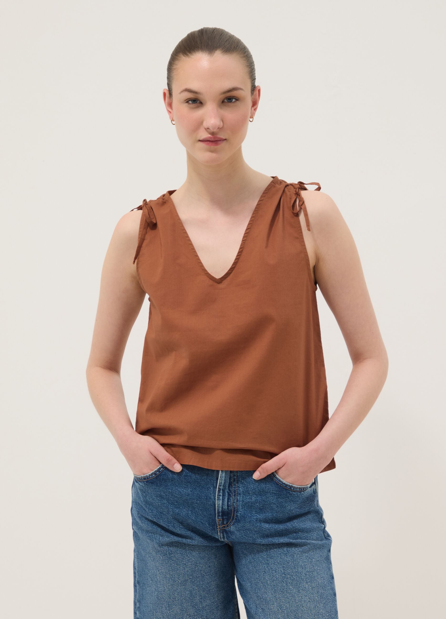Brown pure cotton V-neck blouse, regular fit