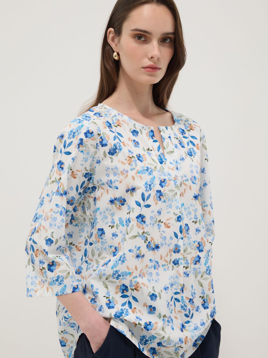White floral stretch cotton blouse, regular fit_1