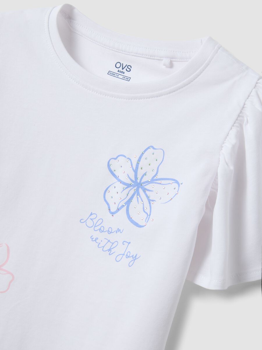 Girls&rsquo; white pure cotton T-shirt with ruffles and rhinestones_2