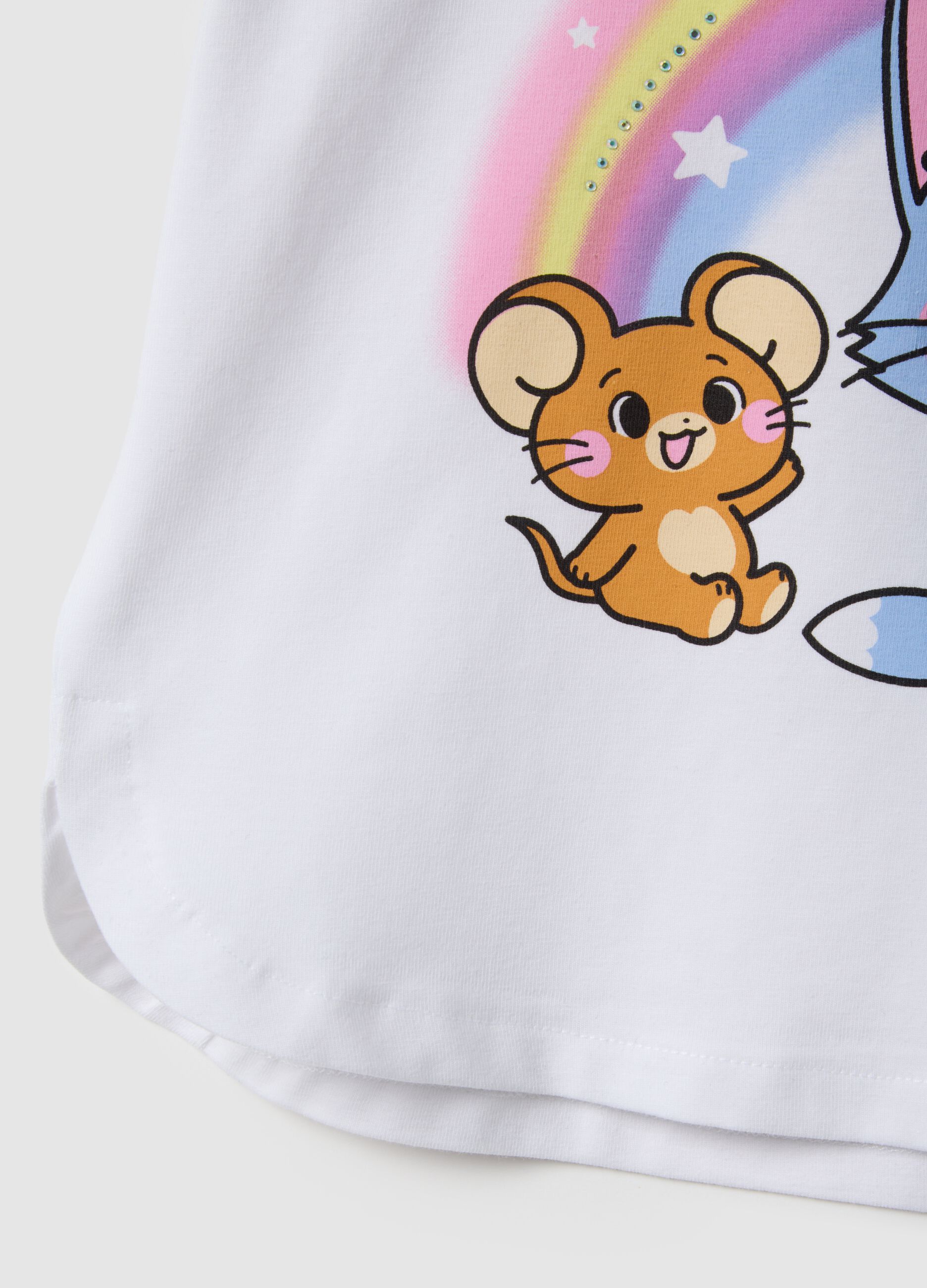 White stretch cotton T-shirt for girls with print