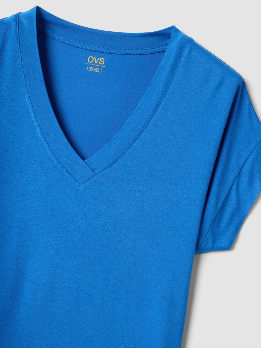 Blue stretch viscose V-neck T-shirt_5