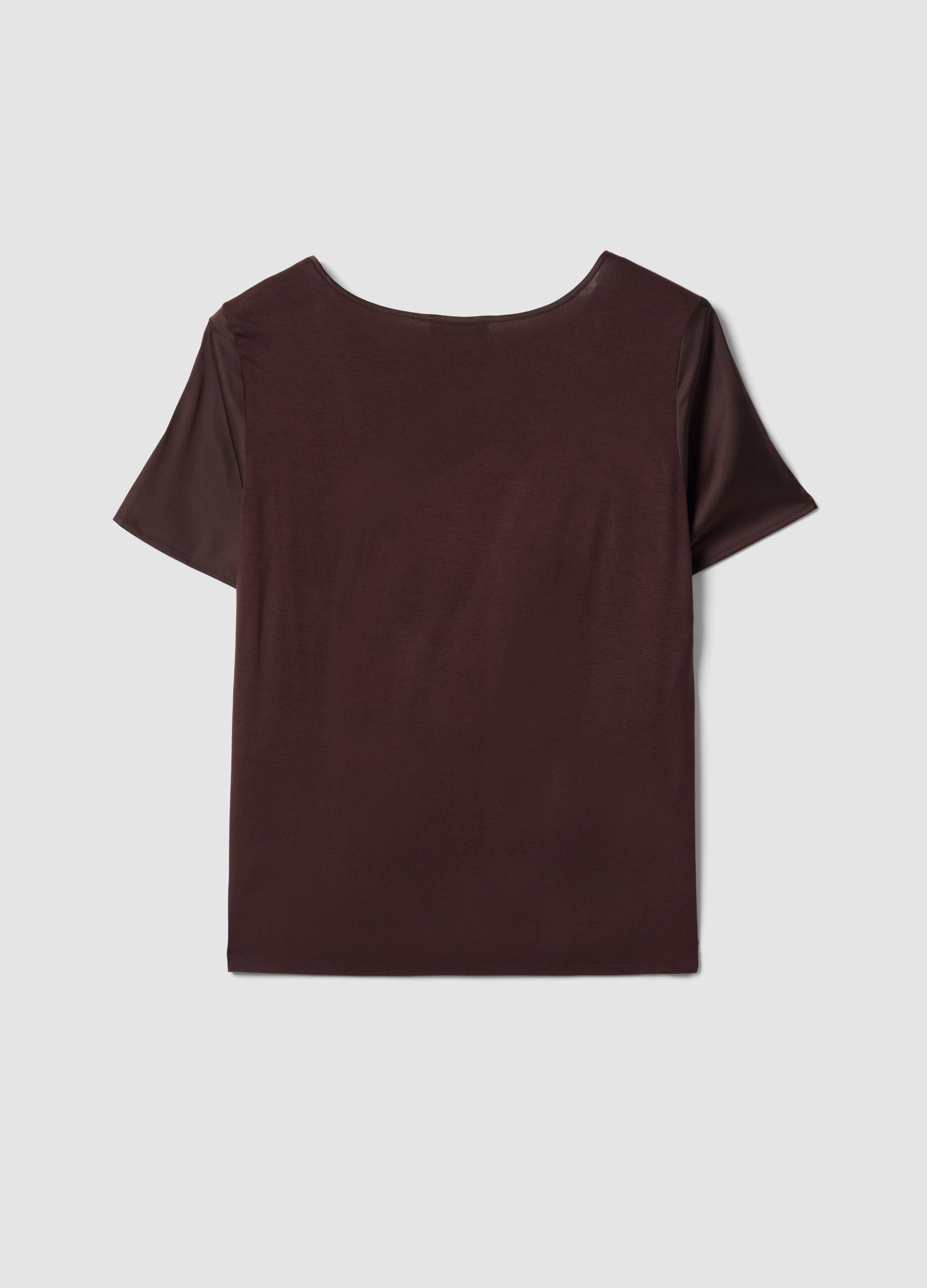 Brown satin stretch V-neck blouse, regular fit