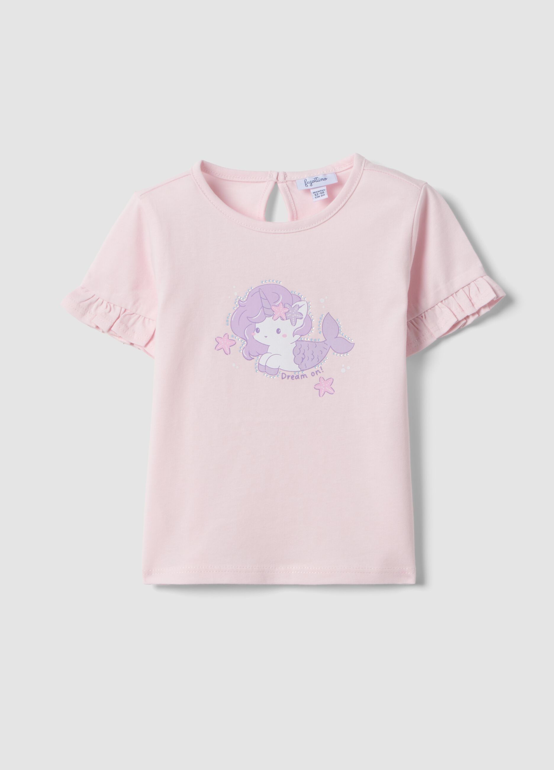 Pink pure organic cotton baby girls&rsquo; T-shirt with print and frill sleeves