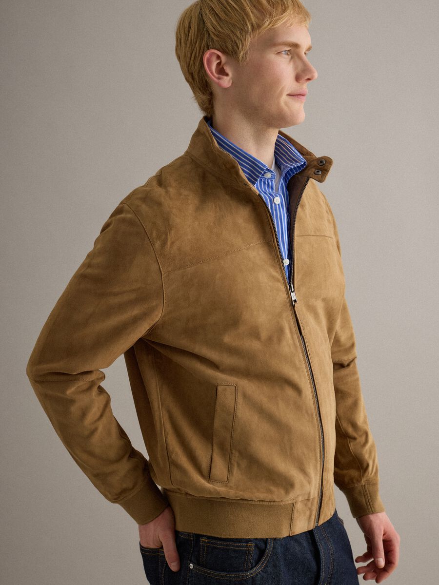 Beige Genuine Leather Jacket Regular Fit with Zip_1