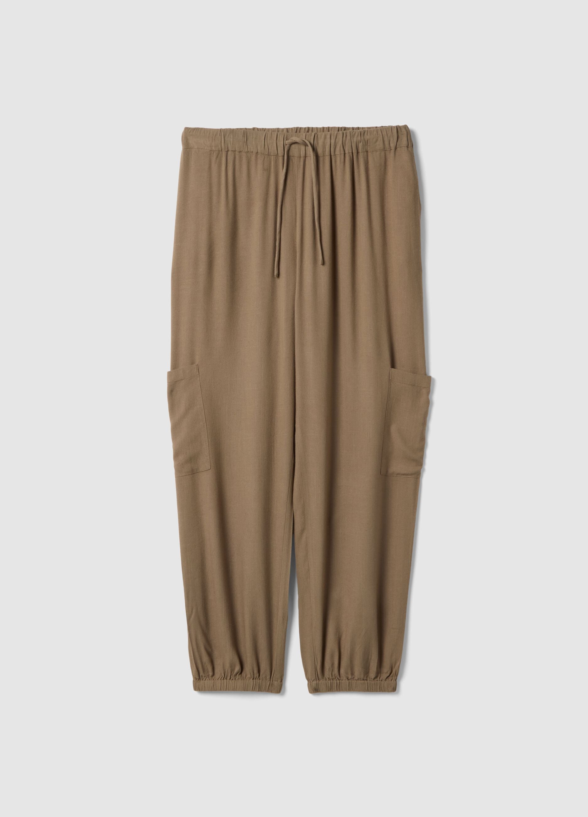 Brown viscose-linen blend jogger trousers, regular fit