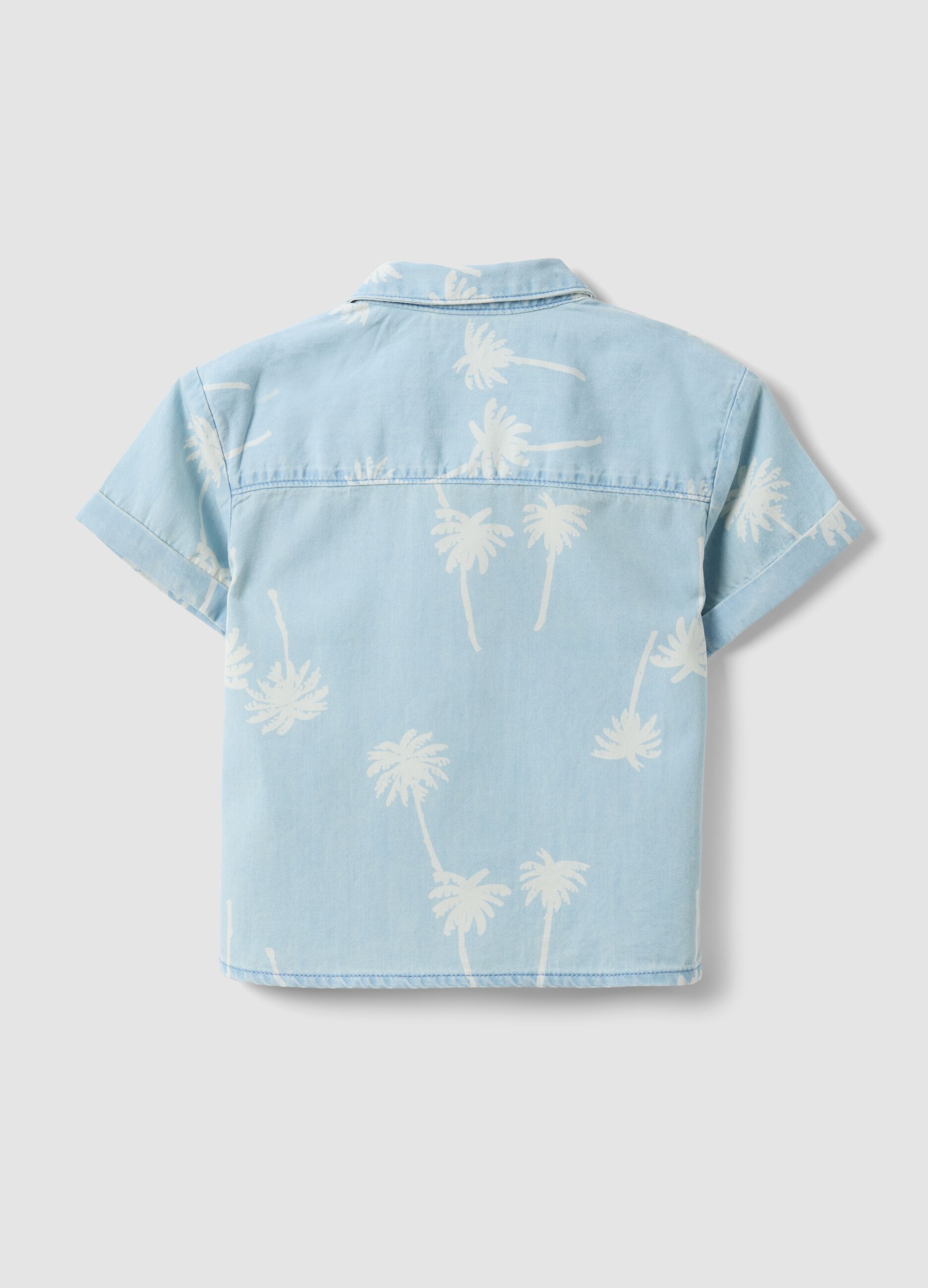Light Blue Pure Cotton Denim Child's Shirt Regular Fit with Palm Trees