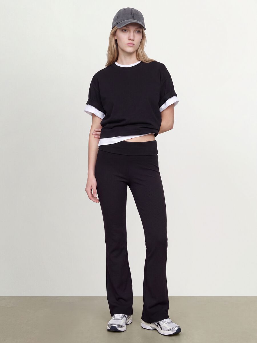 Black flared ribbed pure cotton leggings_0