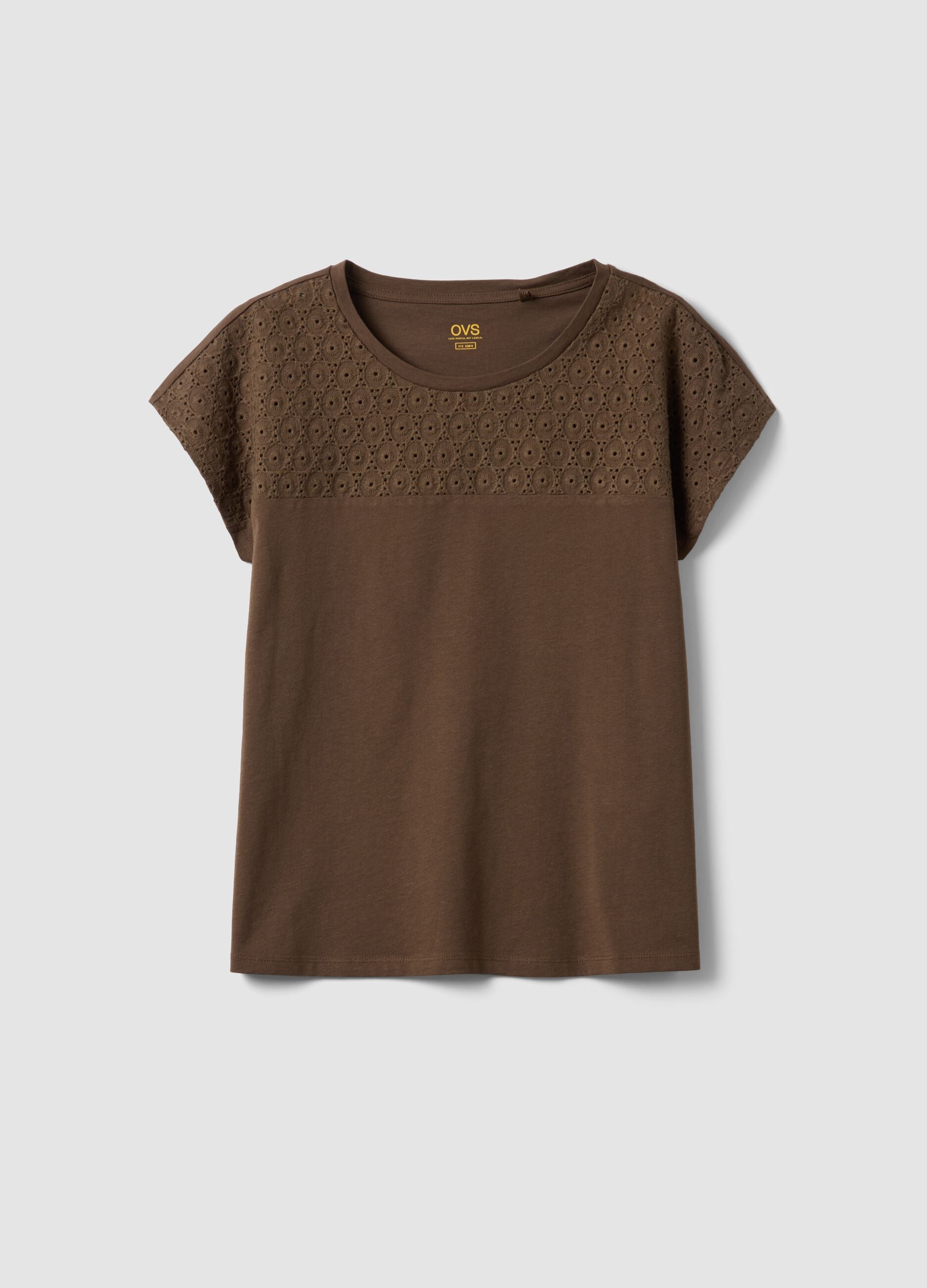 Brown pure cotton T-shirt with broderie anglaise insert