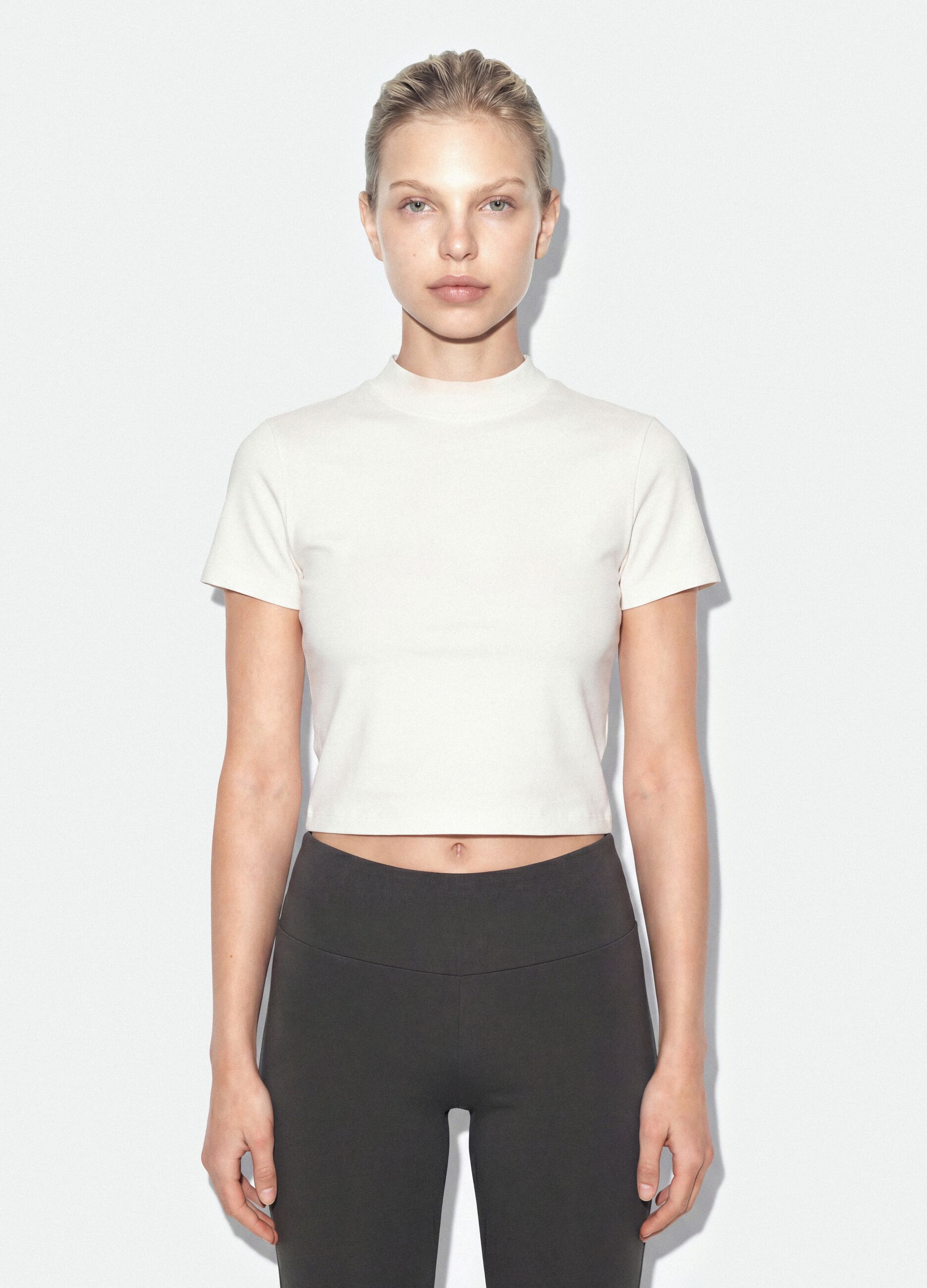 White fitted stretch-cotton T-shirt with high neck