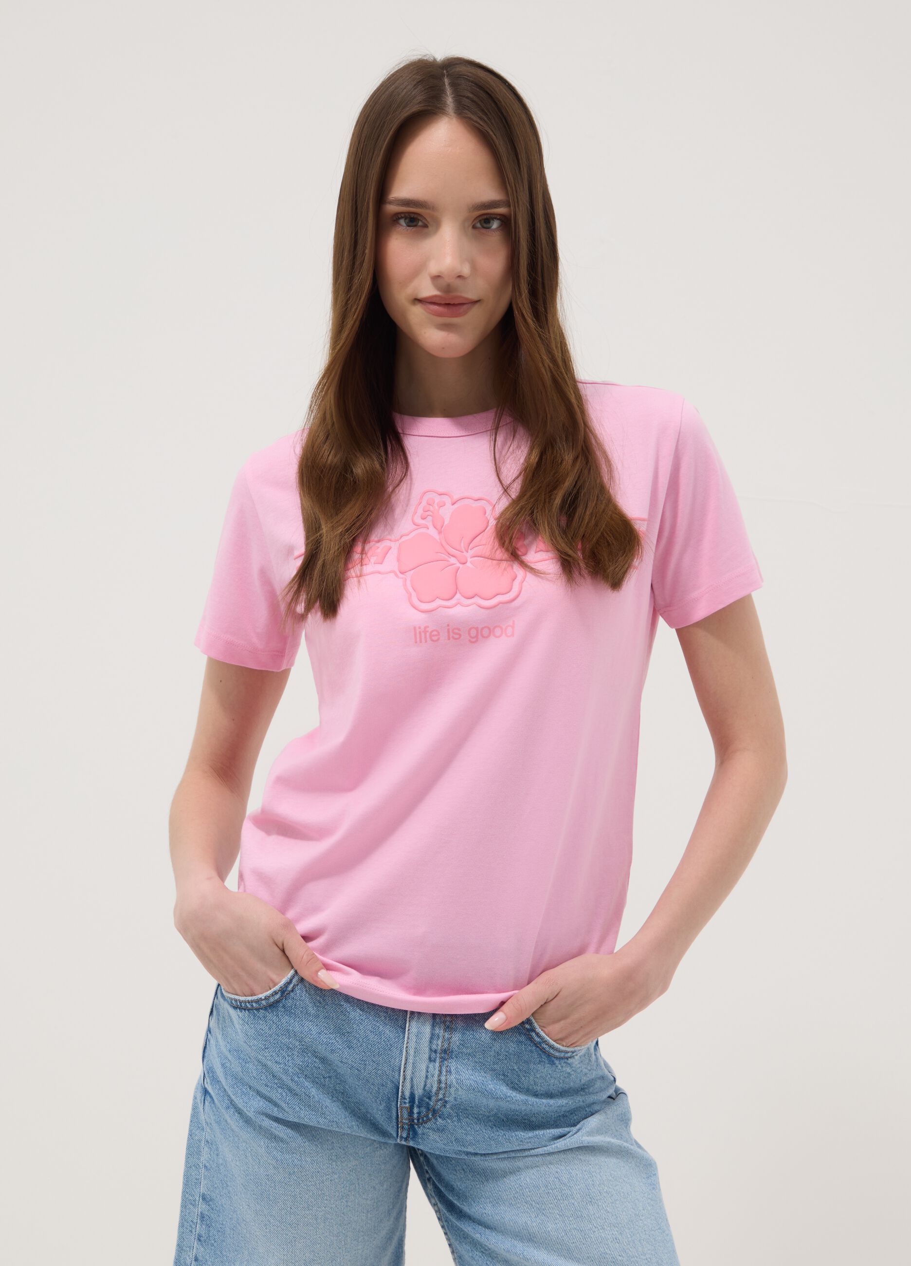 Pink pure cotton T-shirt regular fit with flower