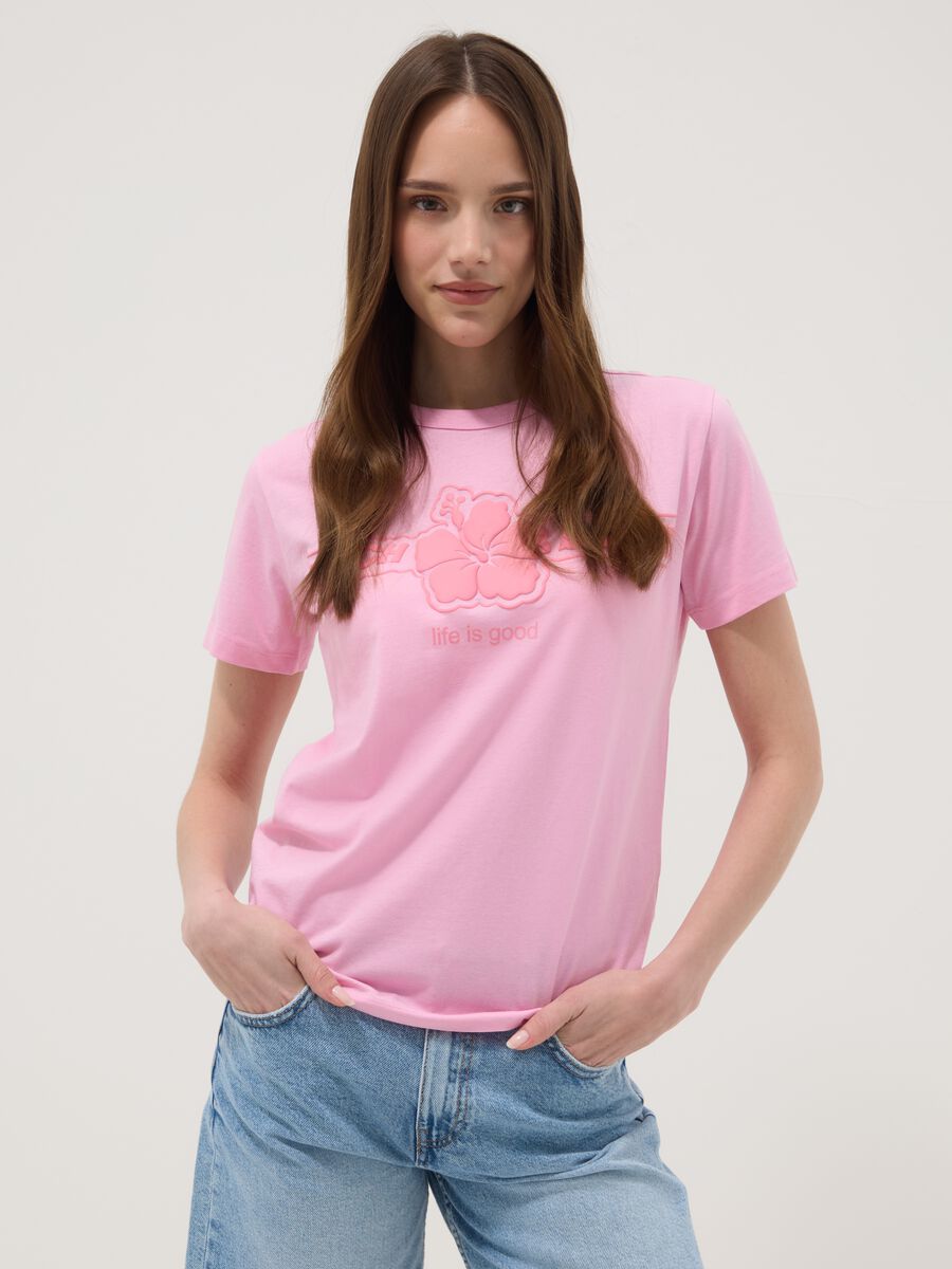 Pink pure cotton T-shirt regular fit with flower_0