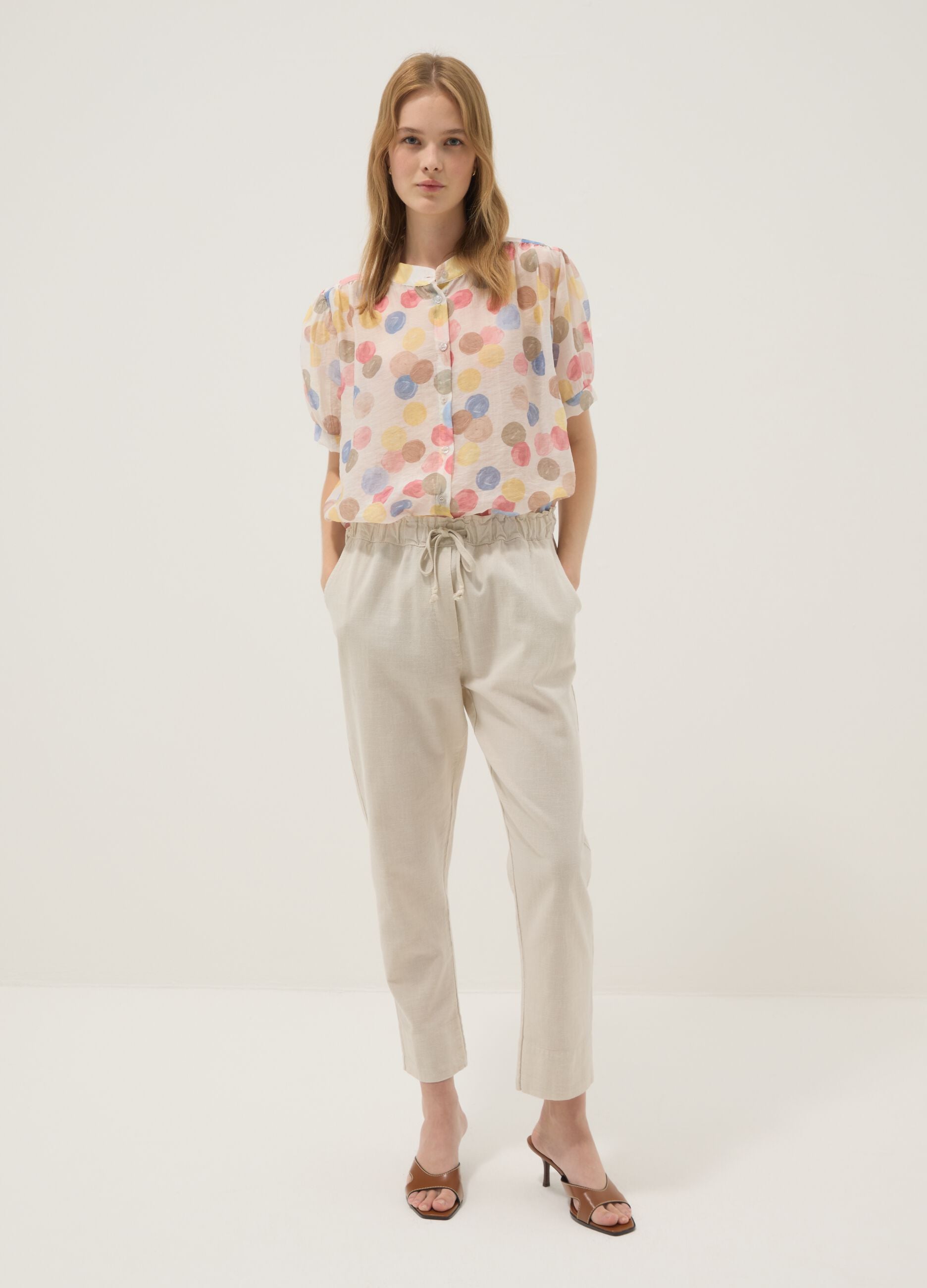 Beige linen-cotton blend trousers