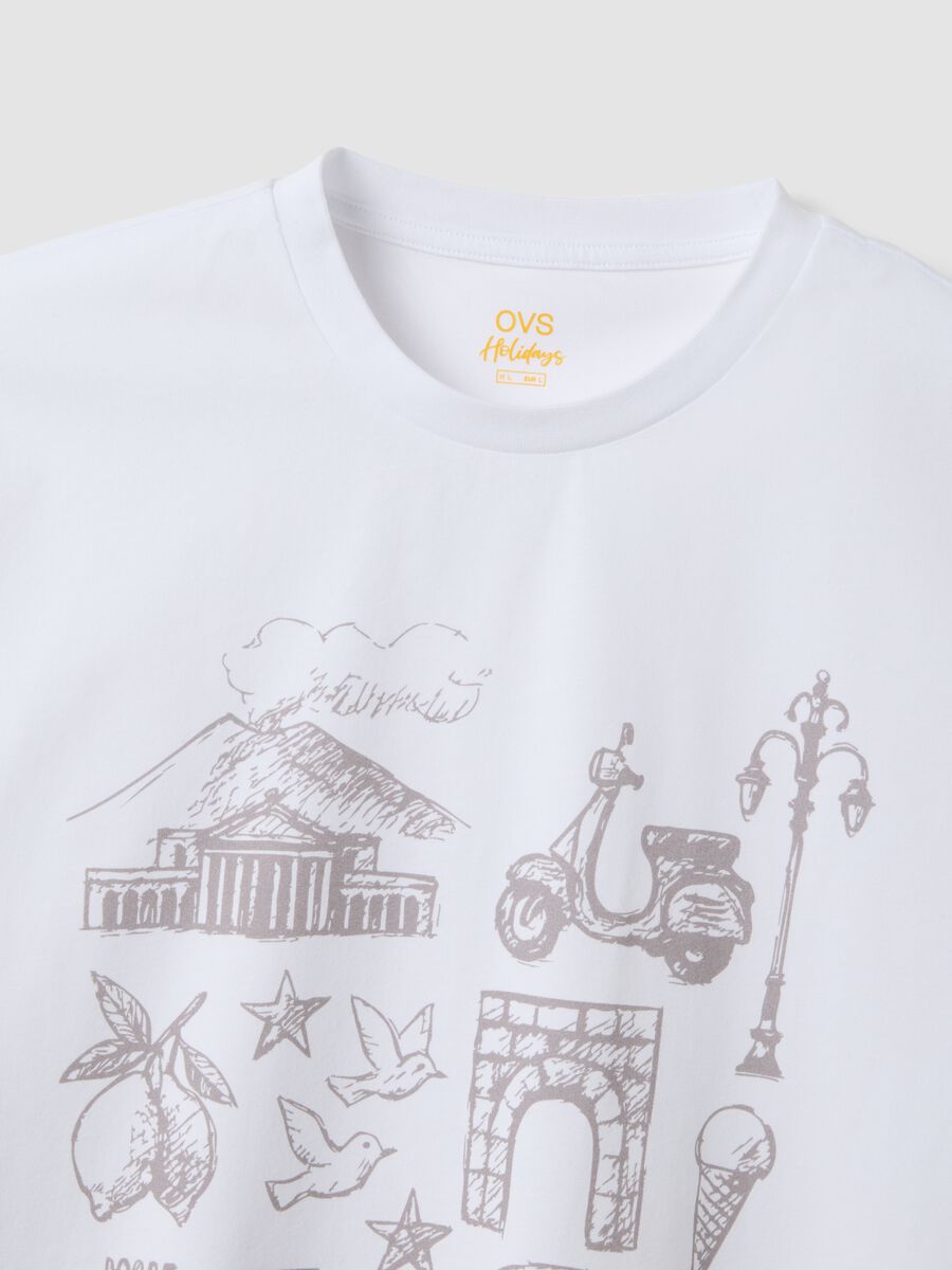 White pure cotton T-shirt with front print, regular fit_5