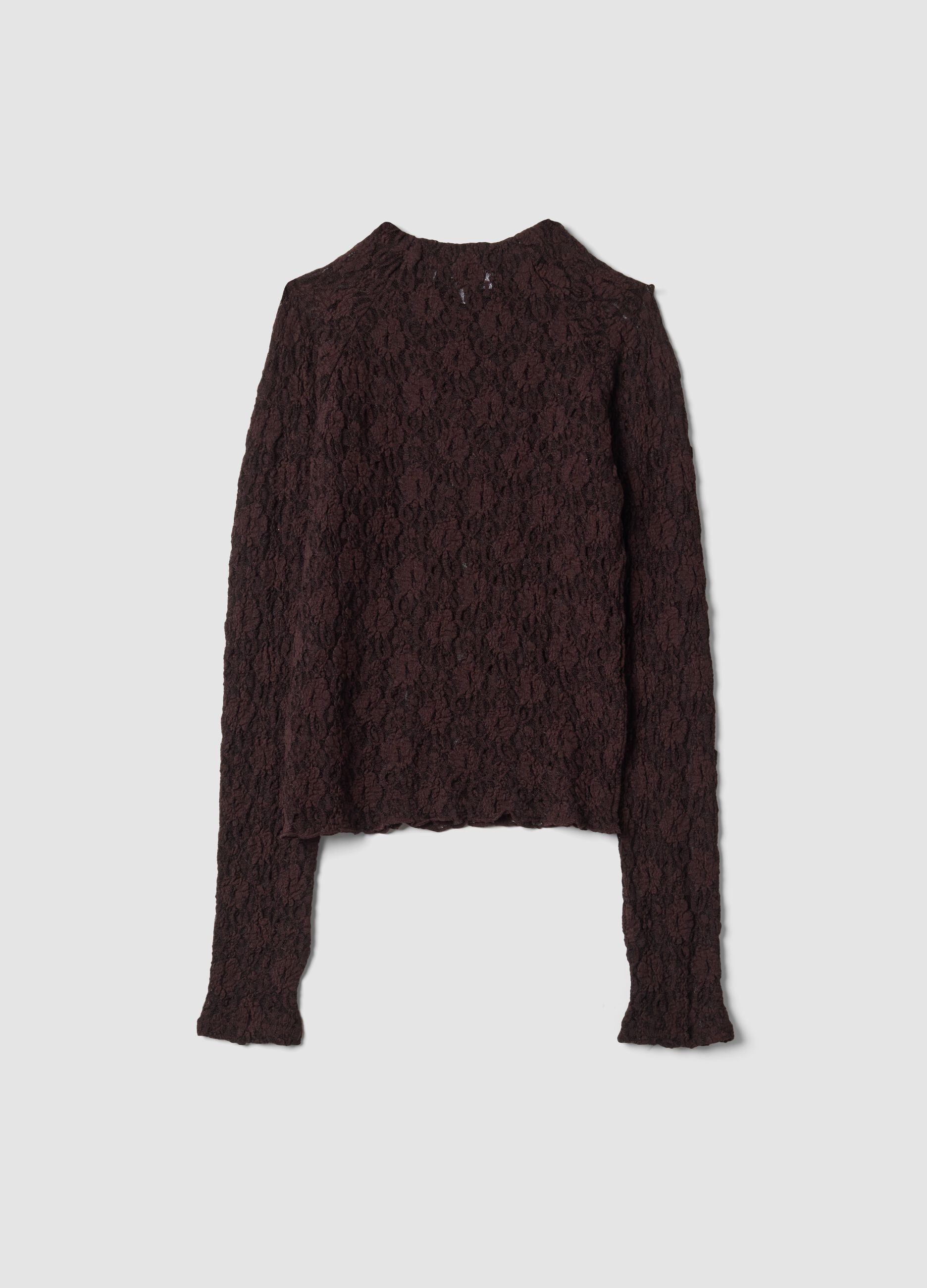 Brown perforated stretch-fabric T-shirt with raised collar