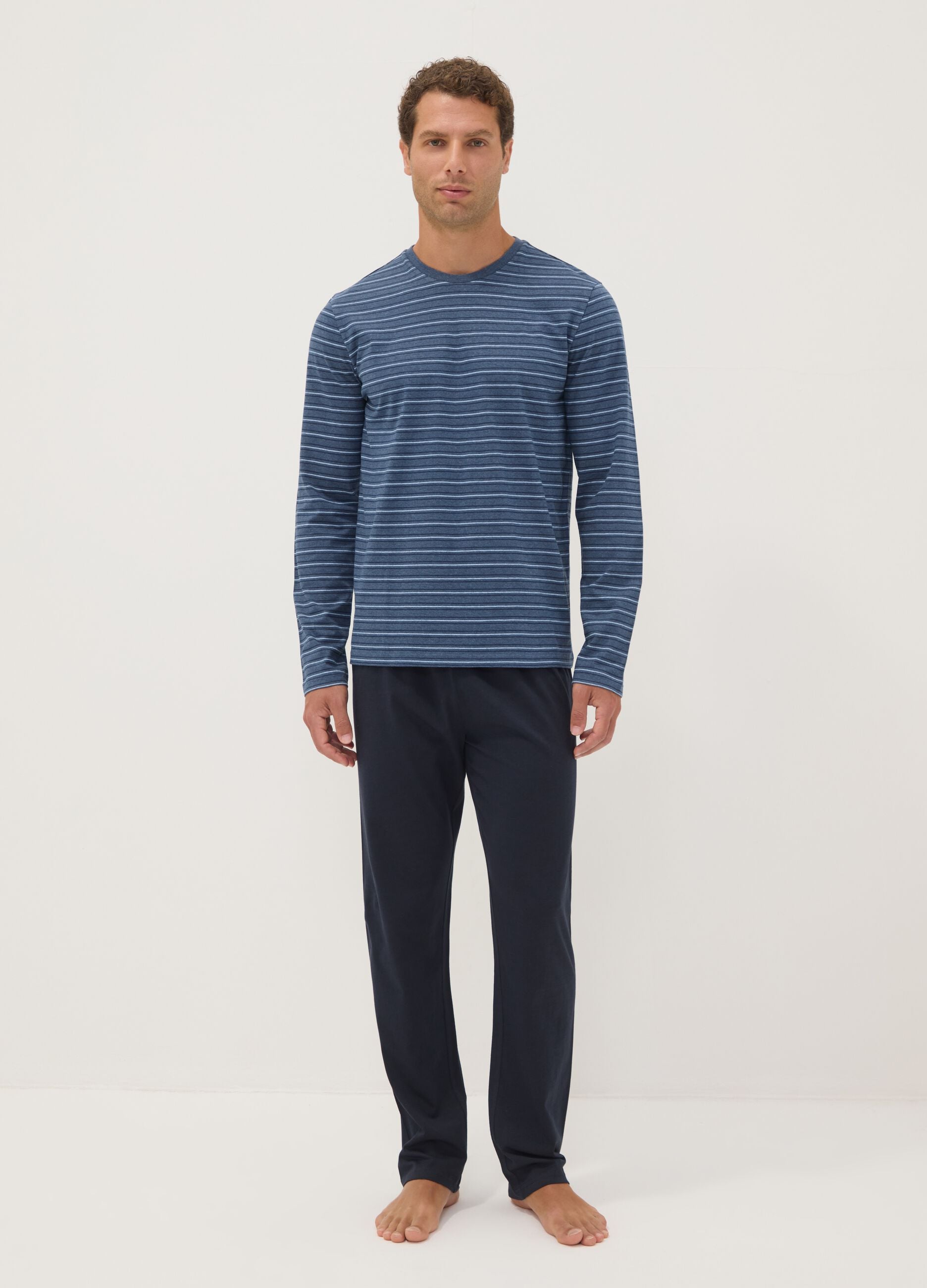 Blue and black striped organic cotton crew-neck pyjamas