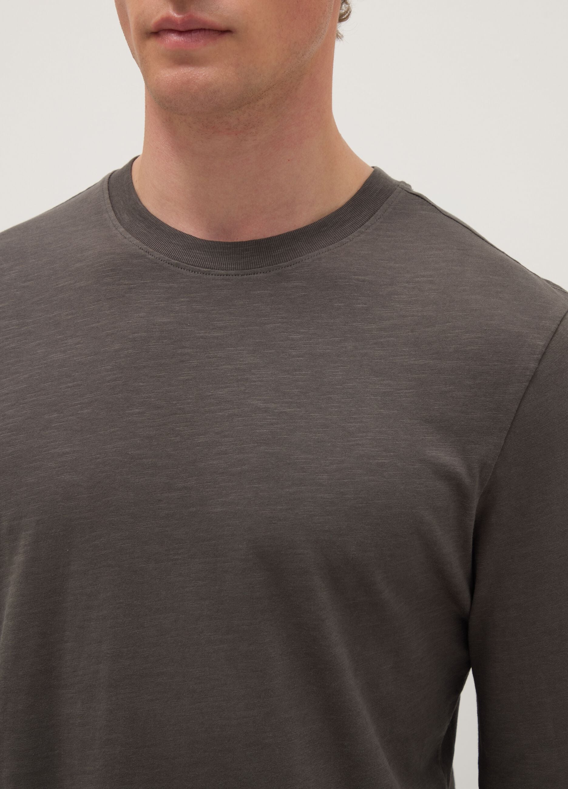 Grey long-sleeve pure cotton regular fit T-shirt