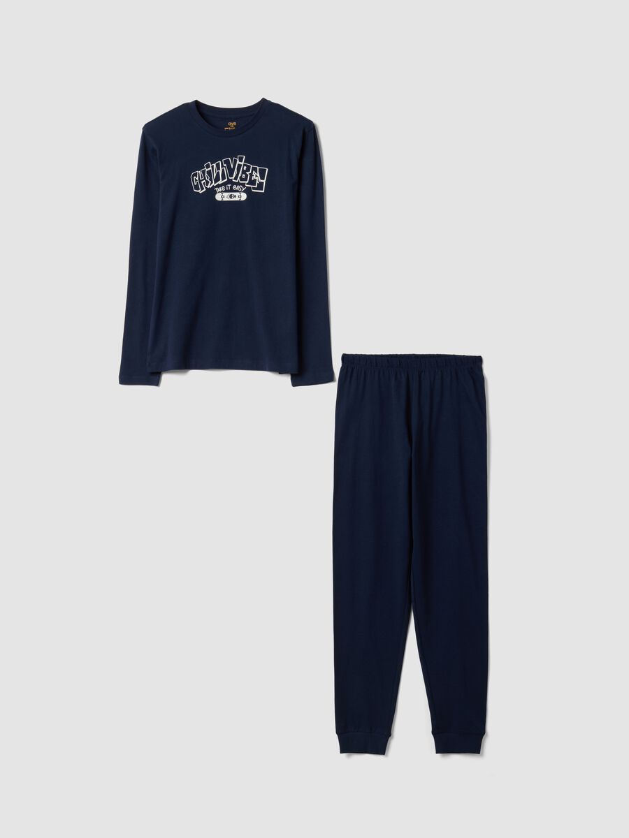Blue pyjamas in 100% organic cotton with crew neck and print for boys_0