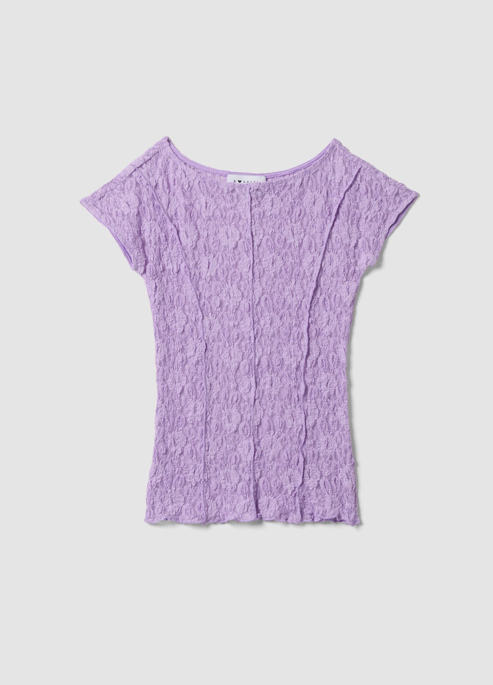 T-shirt viola in tessuto elasticizzato con texture floreale in rilievo