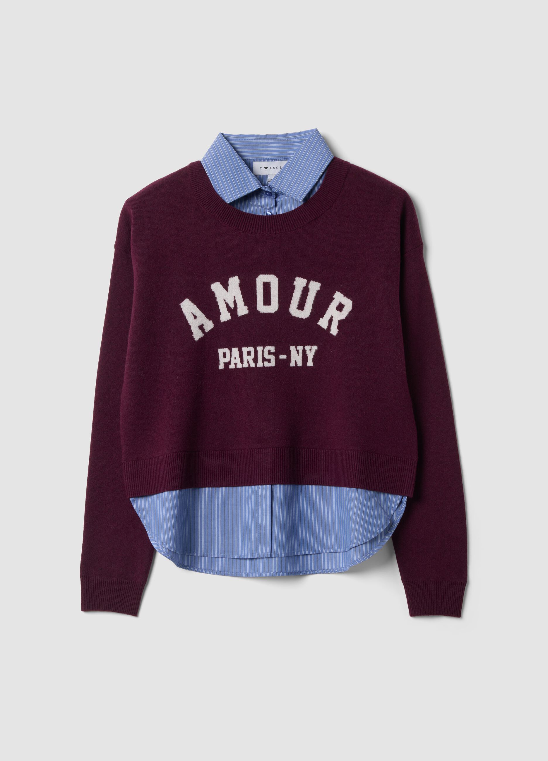 Purple viscose-wool blend jumper with V-neck and shirt-style insert